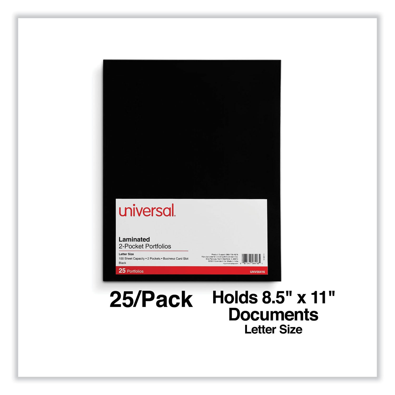 Universal® Laminated Two-Pocket Folder, Cardboard Paper, 100-Sheet Capacity, 11 x 8.5, Black, 25/Box