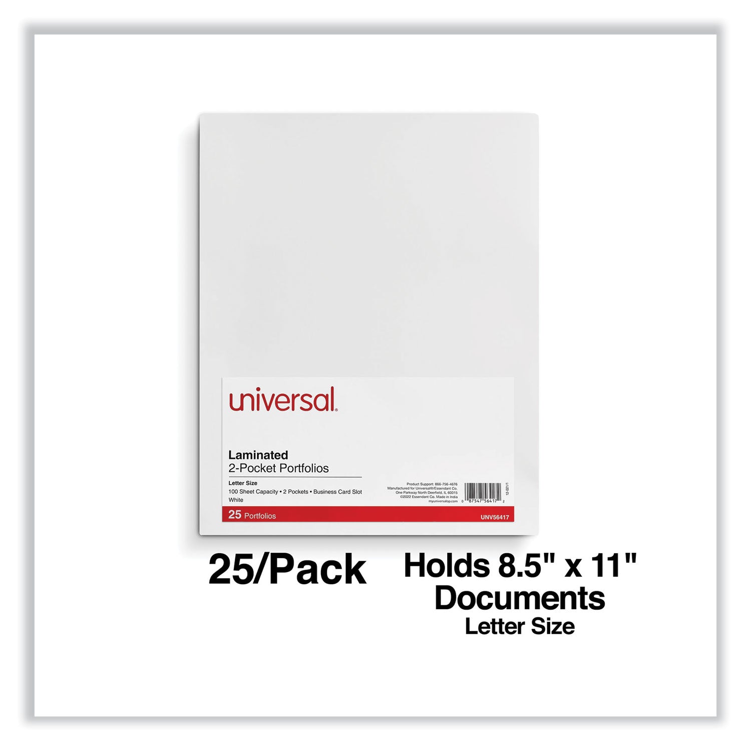 Universal® Laminated Two-Pocket Portfolios, Cardboard Paper, 100-Sheet Capacity, 11 x 8.5, White, 25/Box