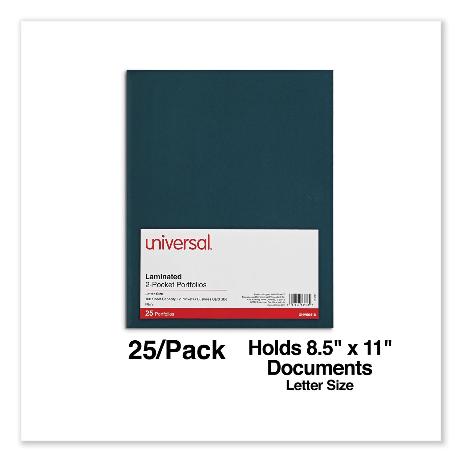 Universal® Laminated Two-Pocket Folder, Cardboard Paper, 100-Sheet Capacity, 11 x 8.5, Navy, 25/Box