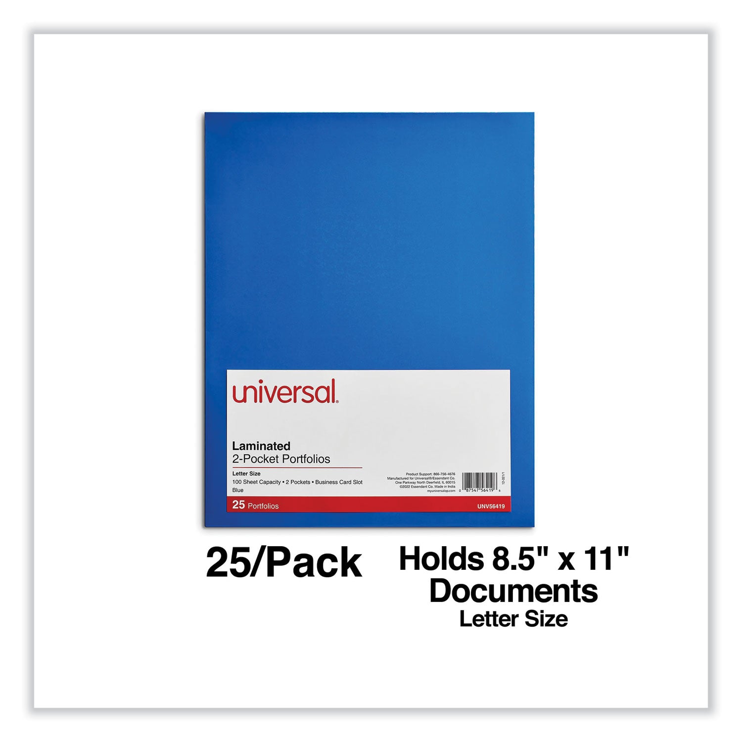 Universal® Laminated Two-Pocket Folder, Cardboard Paper, 100-Sheet Capacity, 11 x 8.5, Blue, 25/Box