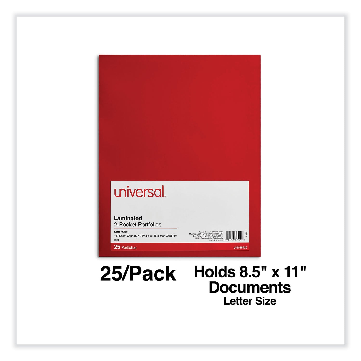 Universal® Laminated Two-Pocket Folder, Cardboard Paper, 100-Sheet Capacity, 11 x 8.5, Red, 25/Box