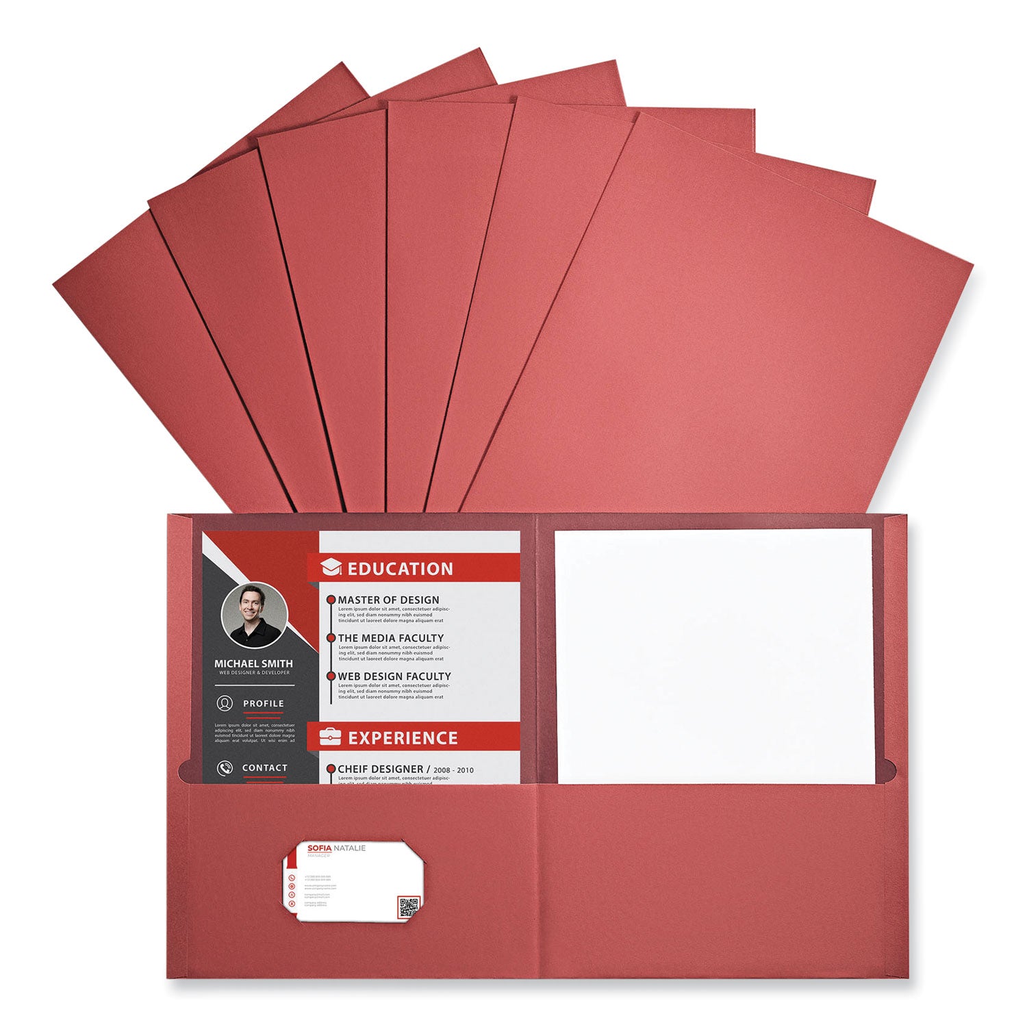 Universal® Two-Pocket Portfolio, Embossed Leather Grain Paper, 11 x 8.5, Red, 25/Box