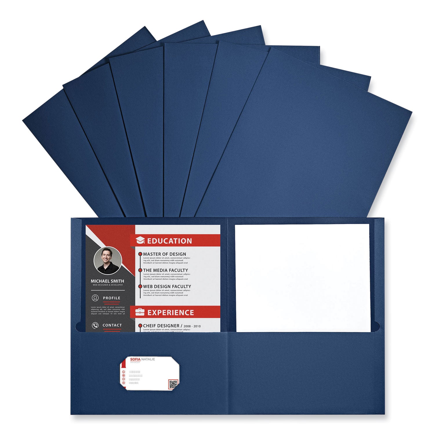 Universal® Two-Pocket Portfolio, Embossed Leather Grain Paper, 11 x 8.5, Dark Blue, 25/Box