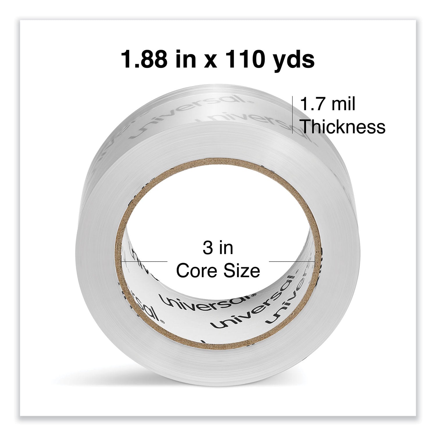 Universal® Deluxe General-Purpose Acrylic Box Sealing Tape, 1.7 mil, 3" Core, 1.88" x 109 yds, Clear, 6/Pack