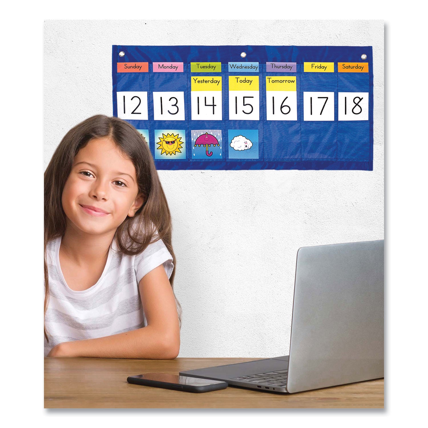 Carson-Dellosa Education Weekly Calendar with Weather, 21 Pockets, 25 x 12.75, Blue