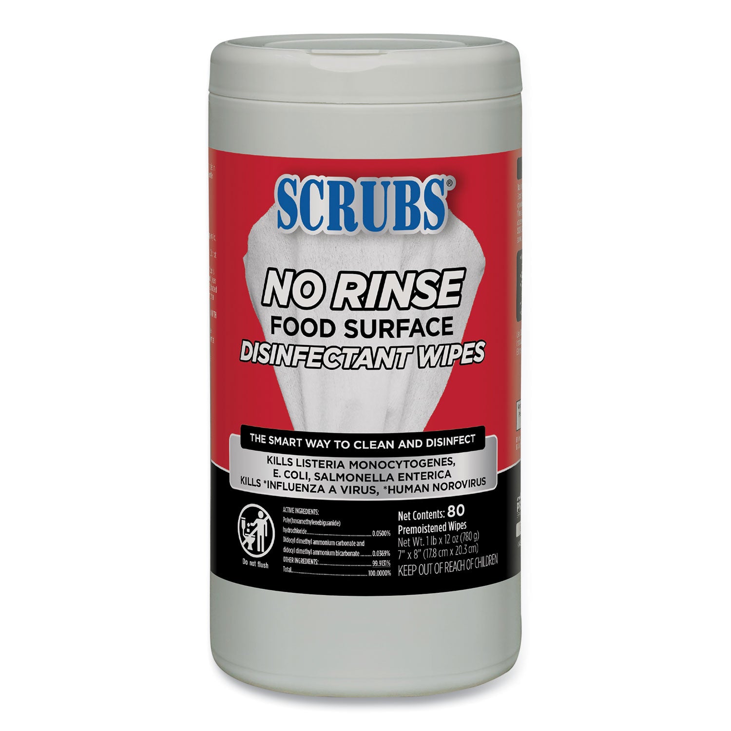 SCRUBS® No Rinse Food Surface Disinfectant Wipes, 1-Ply, 7 x 8, Unscented, White, 80/Canister, 6/Carton