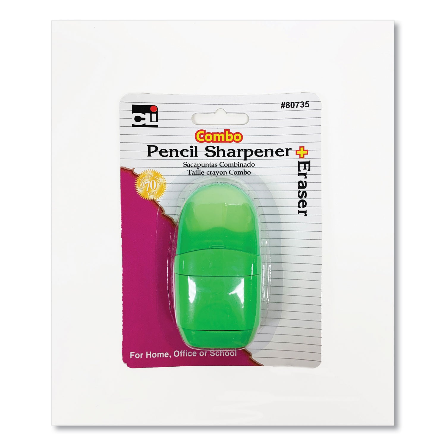 Charles Leonard® One-Hole Pencil Sharpener/Eraser Combo, 1" x 0.75", Randomly Assorted Colors