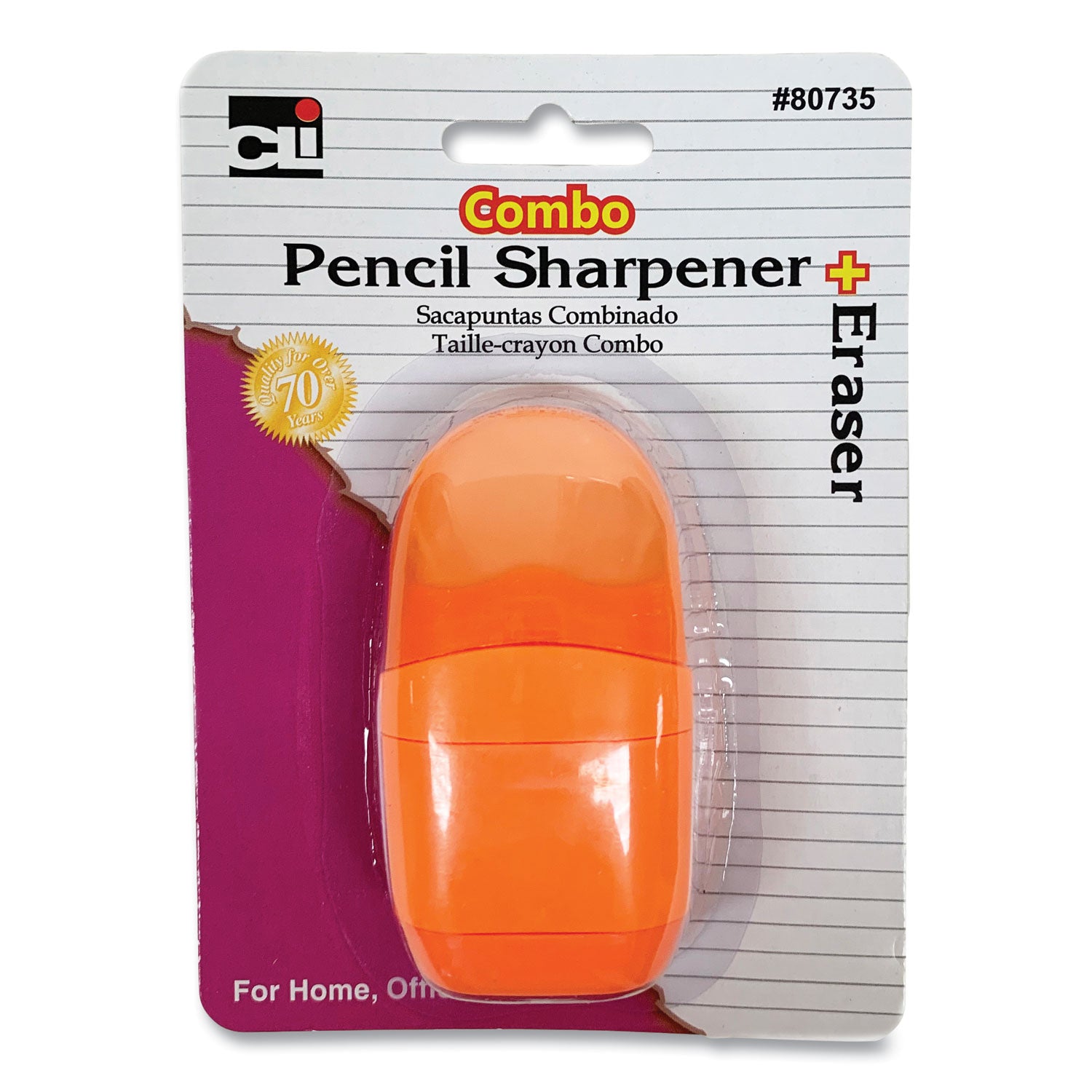 Charles Leonard® One-Hole Pencil Sharpener/Eraser Combo, 1" x 0.75", Randomly Assorted Colors