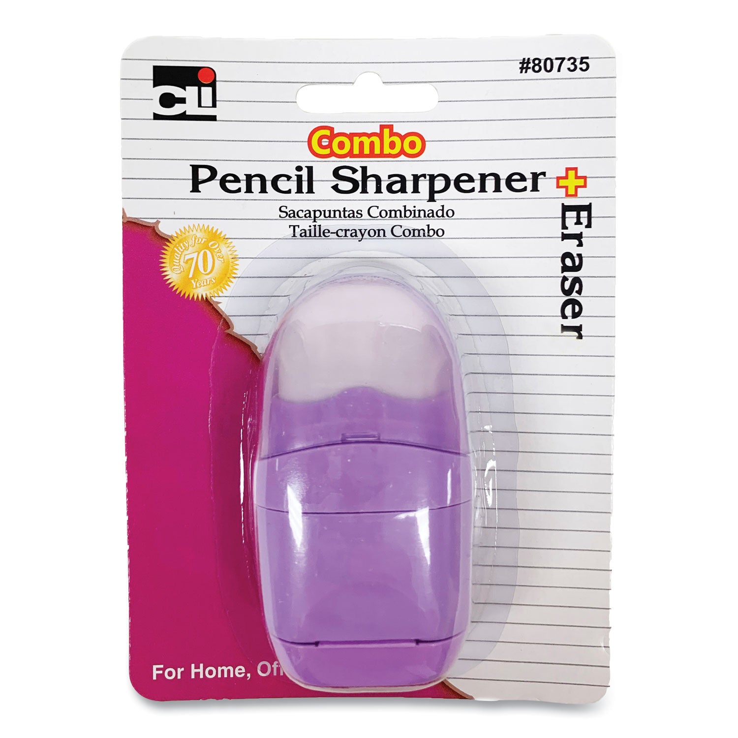 Charles Leonard® One-Hole Pencil Sharpener/Eraser Combo, 1" x 0.75", Randomly Assorted Colors