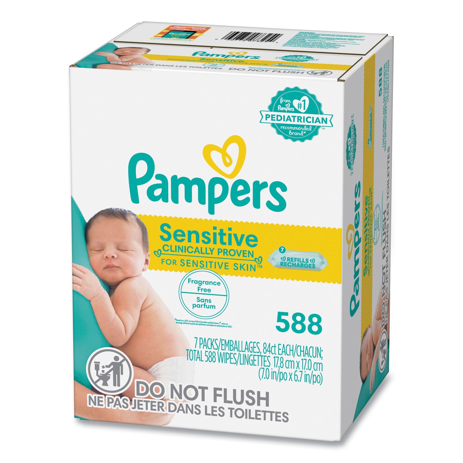 Sensitive Baby Wipes, 1-Ply, 6.7 x 7, Unscented, White, 84/Pack, 7/Carton