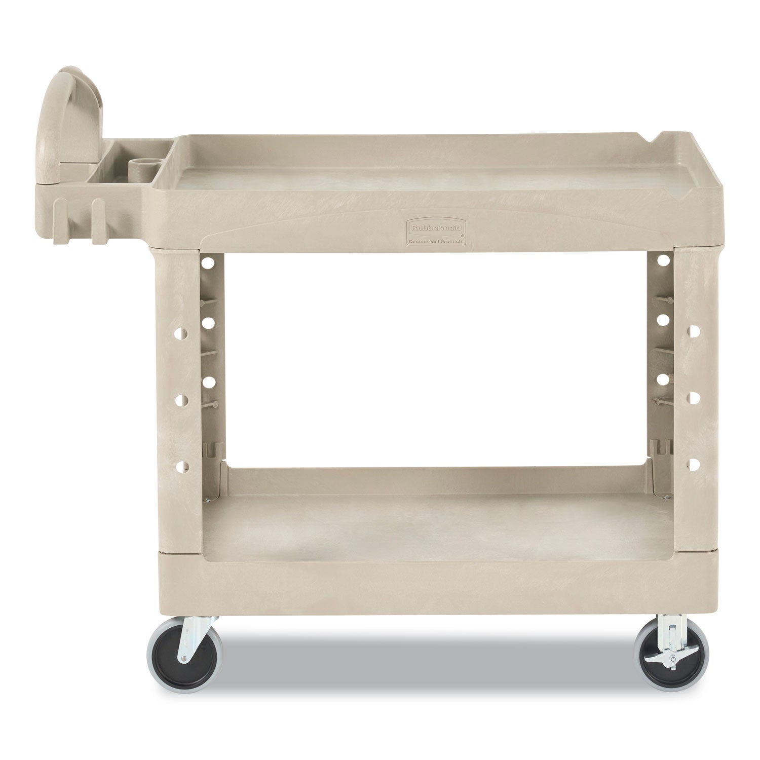 Rubbermaid® Commercial BRUTE Heavy-Duty Utility Cart with Lipped Shelves, Plastic, 2 Shelves, 500 lb Capacity, 17.13" x 38.5" x 38.88", Beige