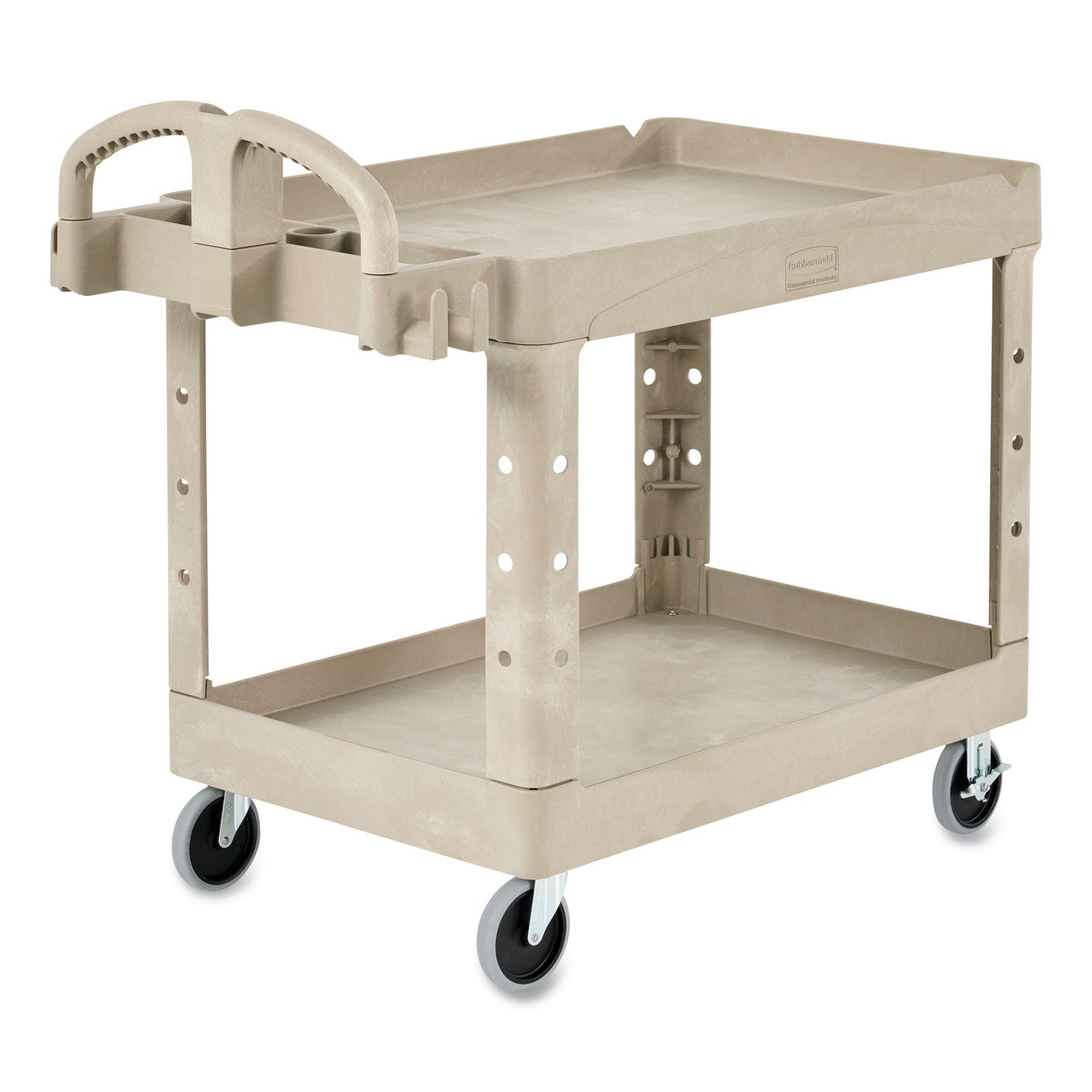 Rubbermaid® Commercial BRUTE Heavy-Duty Utility Cart with Lipped Shelves, Plastic, 2 Shelves, 500 lb Capacity, 17.13" x 38.5" x 38.88", Beige