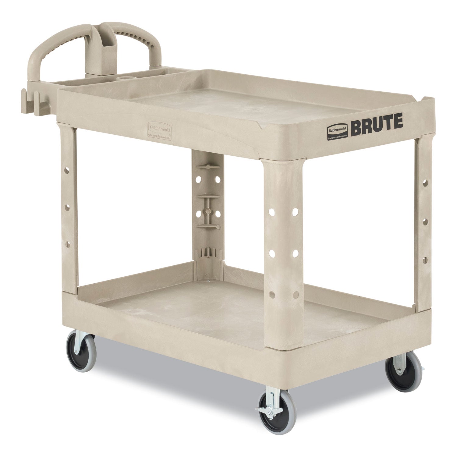 Rubbermaid® Commercial BRUTE Heavy-Duty Utility Cart with Lipped Shelves, Plastic, 2 Shelves, 500 lb Capacity, 17.13" x 38.5" x 38.88", Beige