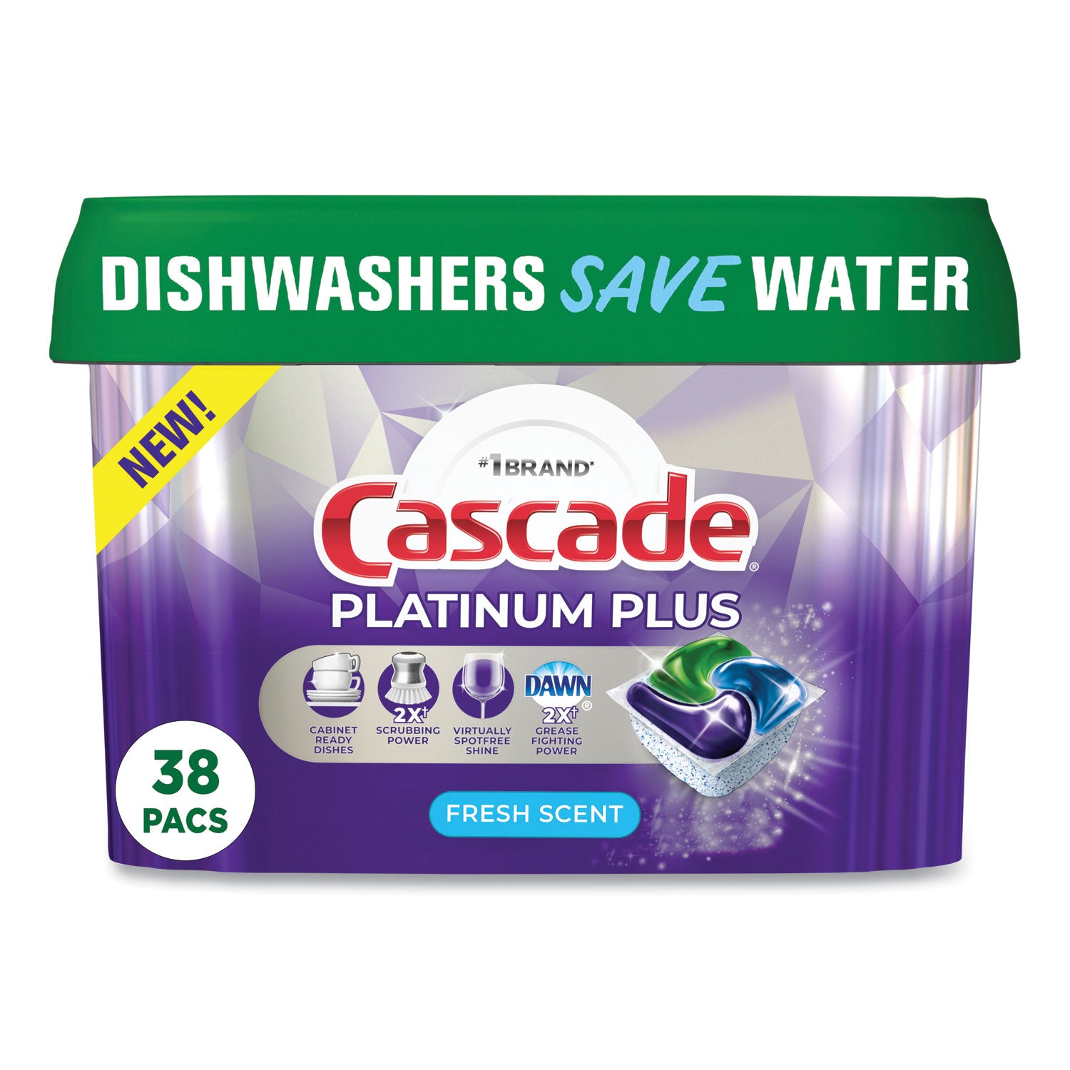 Cascade® Platinum Plus ActionPacs Dishwasher Detergent Pods, Fresh Scent, 20.7 oz Tub, 38/Tub, 6/Carton