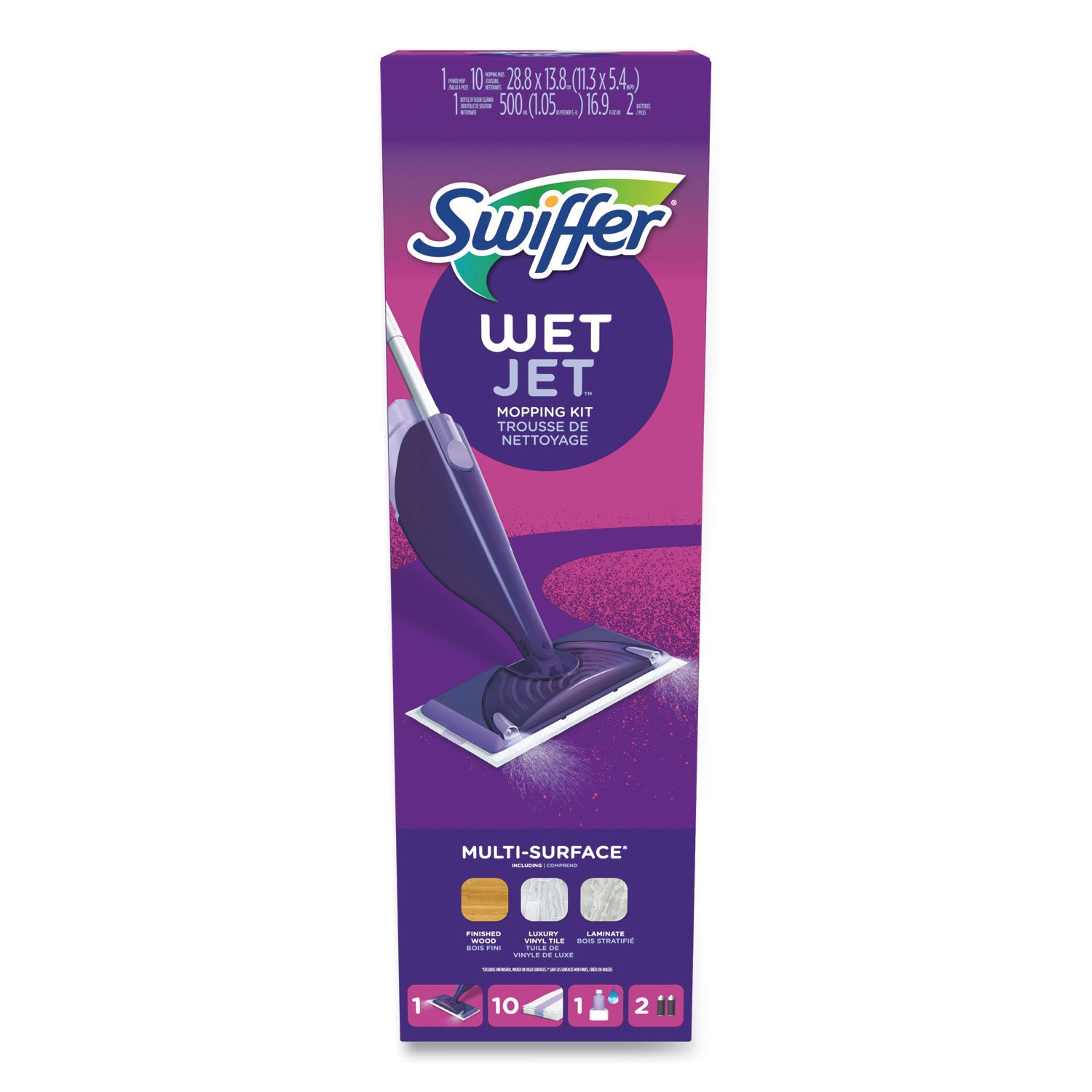 Swiffer® WetJet Mop Starter Kit with 10 Pads and 1 Cleaner, 11.3 x 5.4 Head, Silver Handle