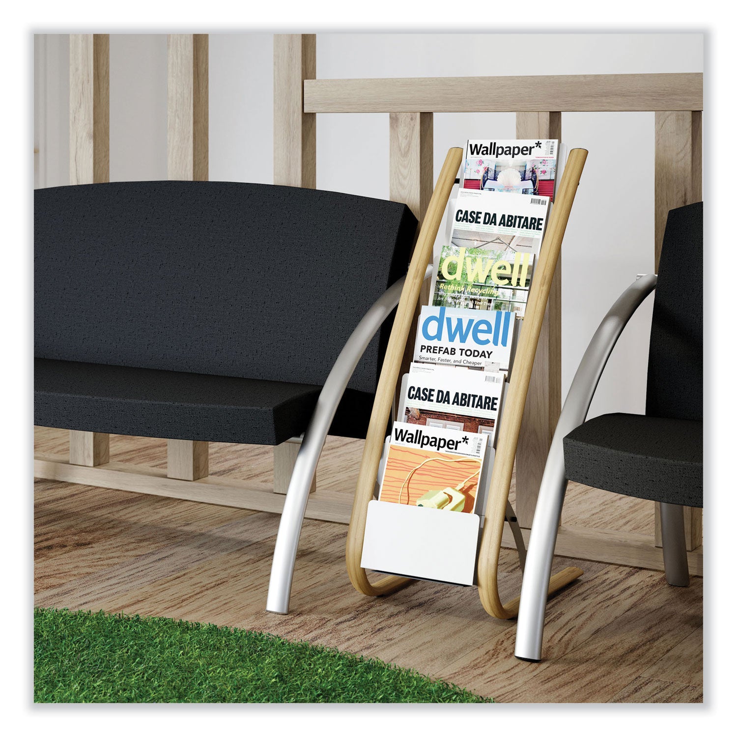 Alba™ Literature Floor Display Rack, 19.68 x 13.38 x 36.61, White/Woodgrain