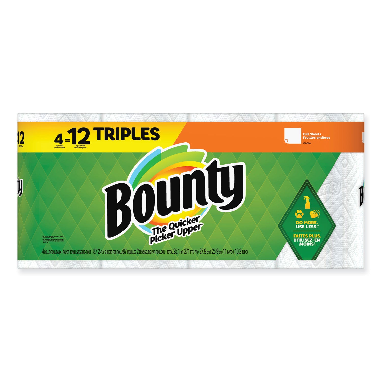 Bounty® Kitchen Roll Paper Towels, 2-Ply, White, 10.5 x 11, 87 Sheets/Roll, 4 Triple Rolls/Pack, 6 Packs/Carton