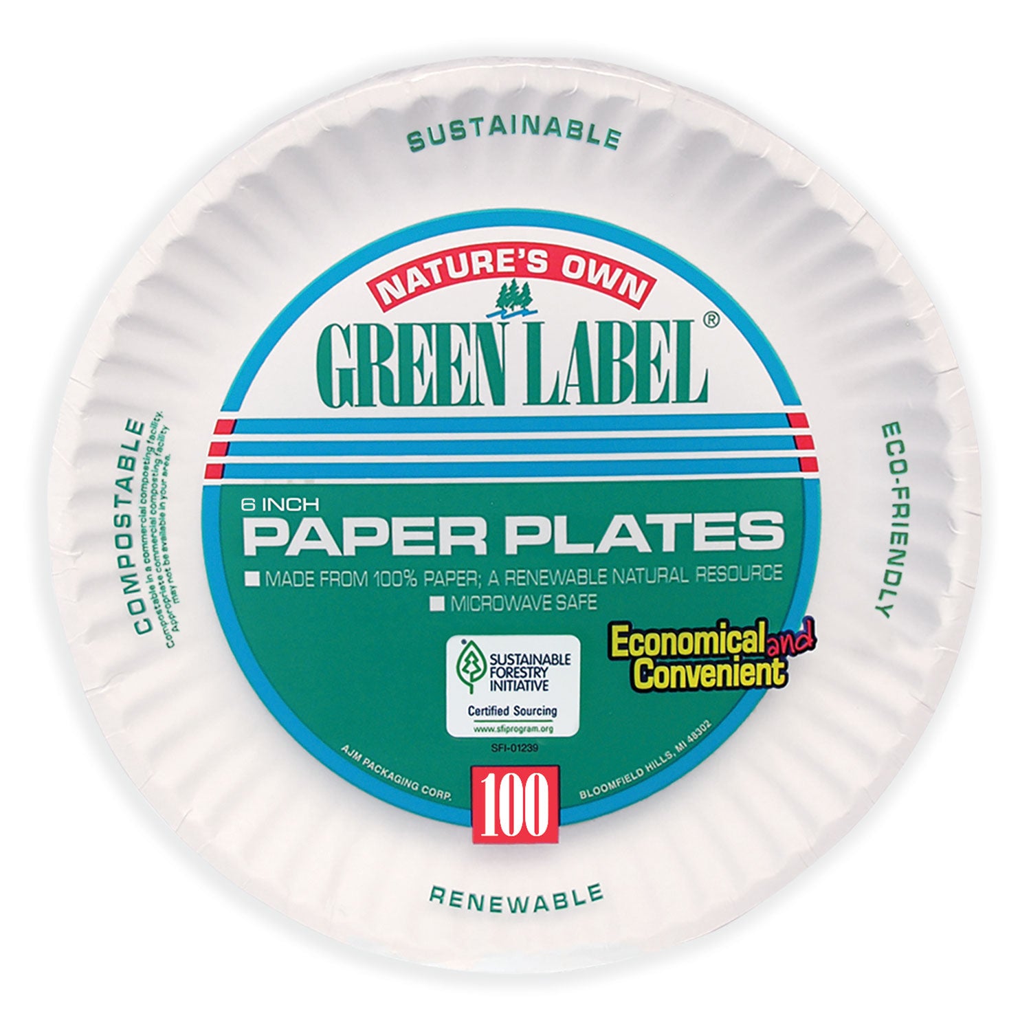 AJM Packaging Corporation White Paper Plates, 6" dia, 100/Pack, 10 Packs/Carton