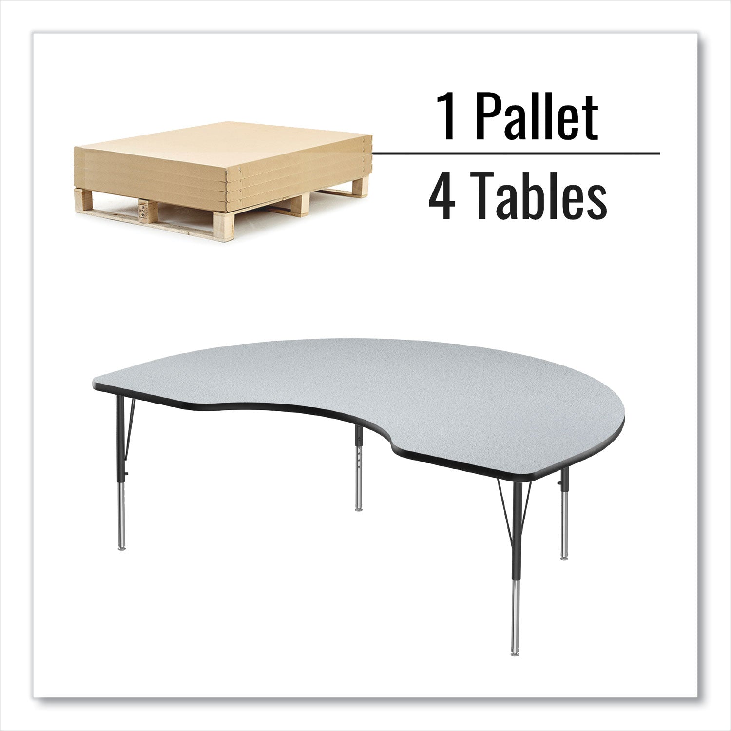 Correll® Adjustable Activity Tables, Kidney Shaped, 72" x 48" x 19" to 29", Gray Top, Black Legs, 4/Pallet