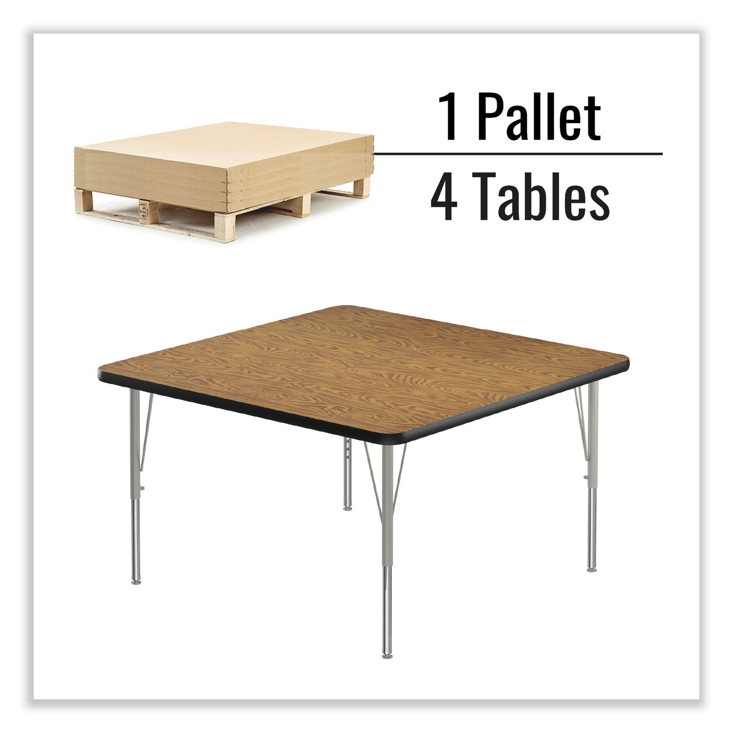 Correll® Adjustable Activity Tables, Square, 48" x 48" x 19" to 29", Medium Oak Top, Silver Legs, 4/Pallet