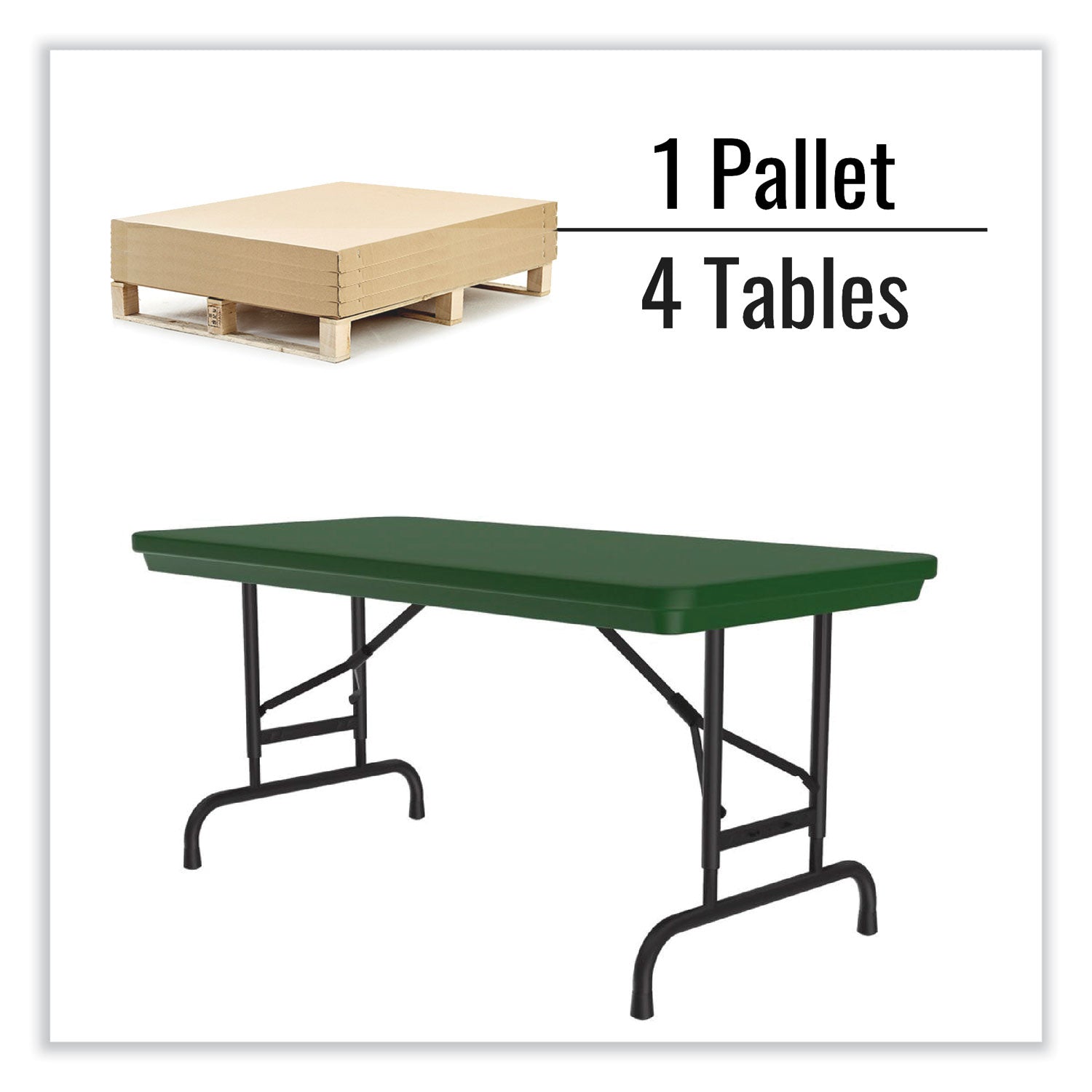 Correll® Adjustable Folding Table, Rectangular, 48" x 24" x 22" to 32", Green Top, Black Legs, 4/Pallet