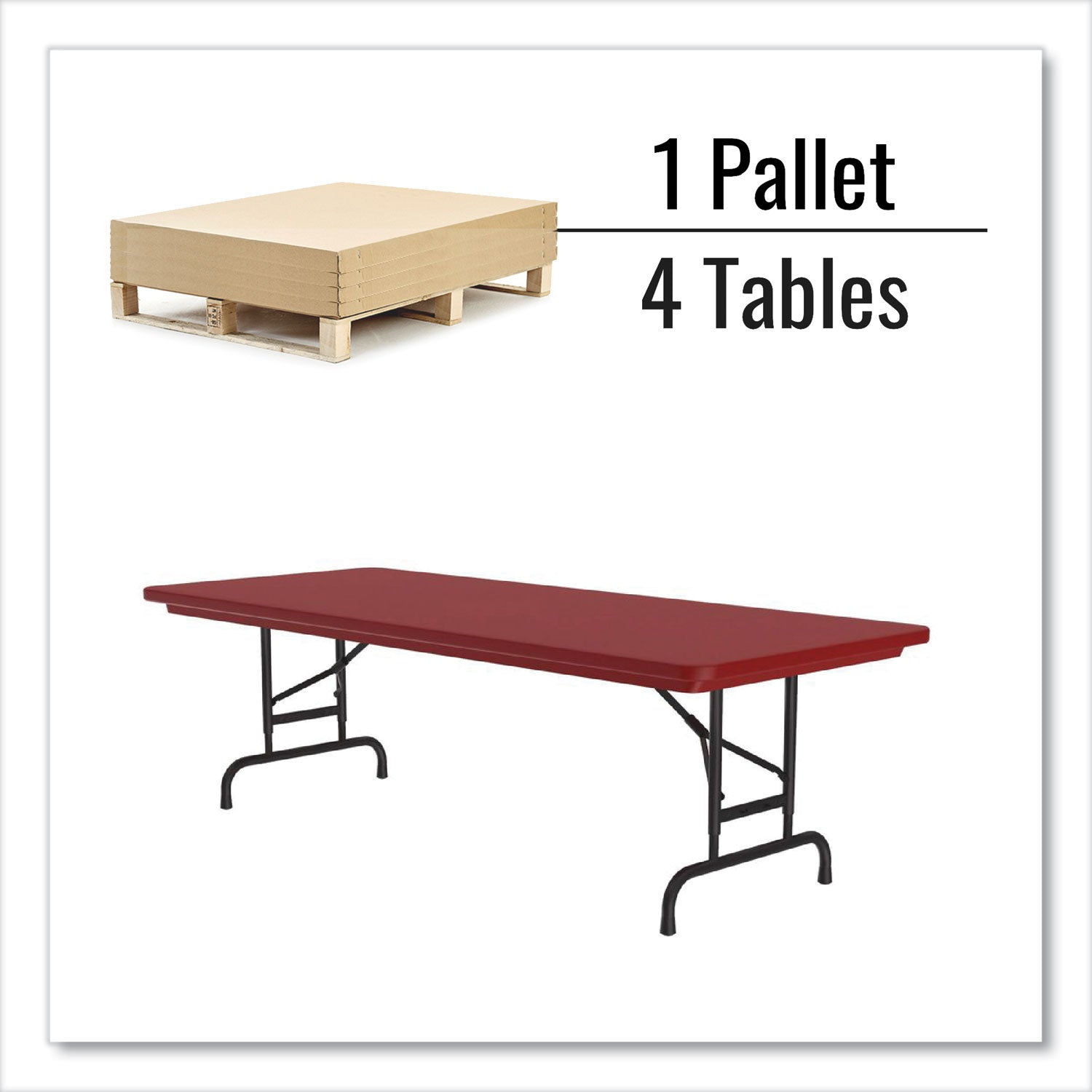 Correll® Adjustable Folding Tables, Rectangular, 72" x 30" x 22" to 32", Red Top, Black Base, 4/Pallet