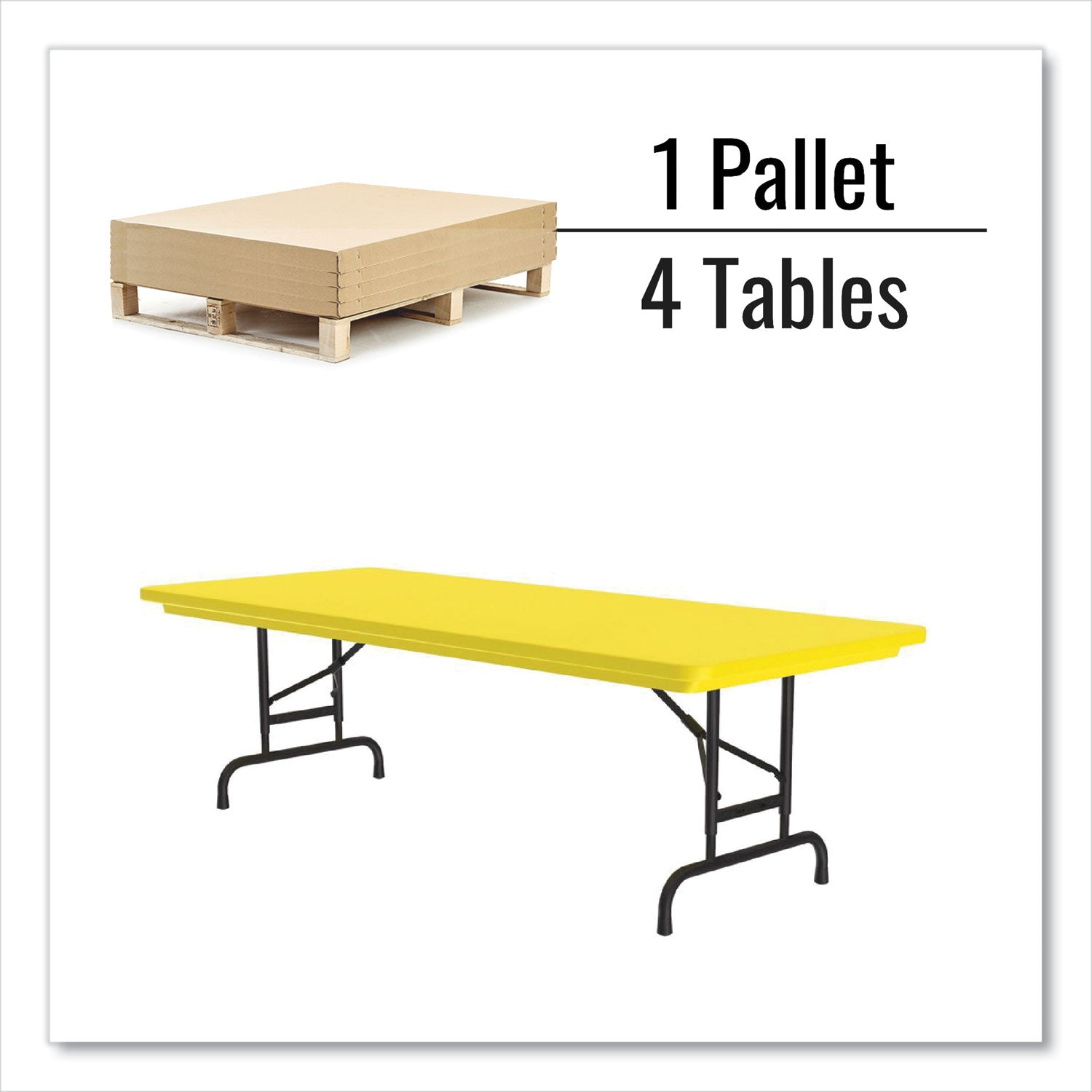 Correll® Adjustable Folding Tables, Rectangular, 60" x 30" x 22" to 32", Yellow Top, Black Legs, 4/Pallet