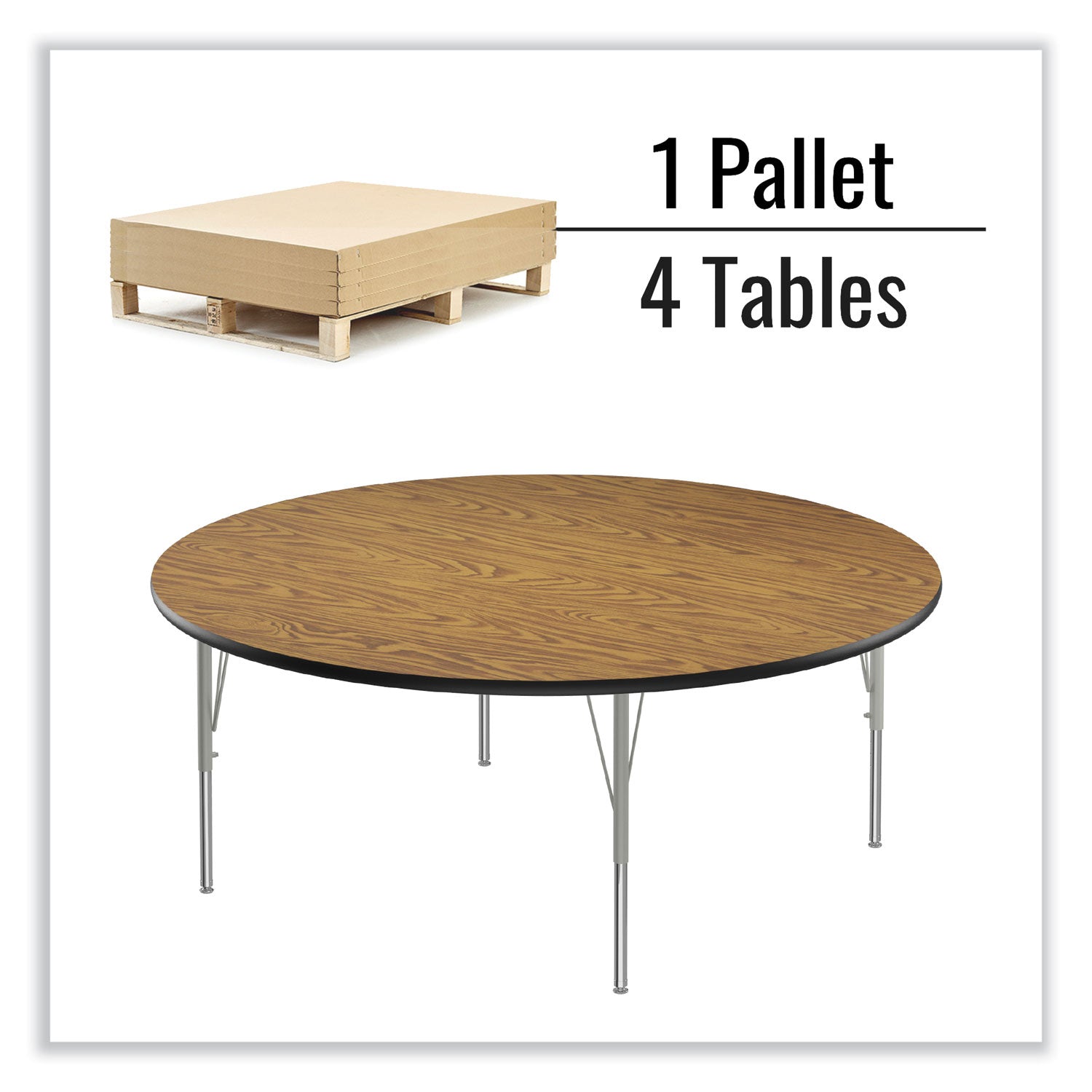 Correll® Height Adjustable Activity Tables, Round, 60" x 19" to 29", Medium Oak Top, Gray Legs, 4/Pallet