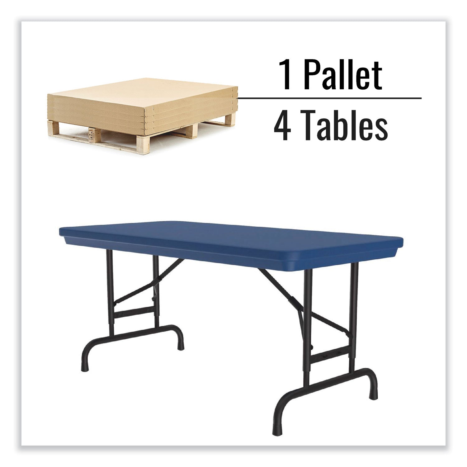 Correll® Adjustable Folding Table, Rectangular, 48" x 24" x 22" to 32", Blue Top, Black Legs, 4/Pallet