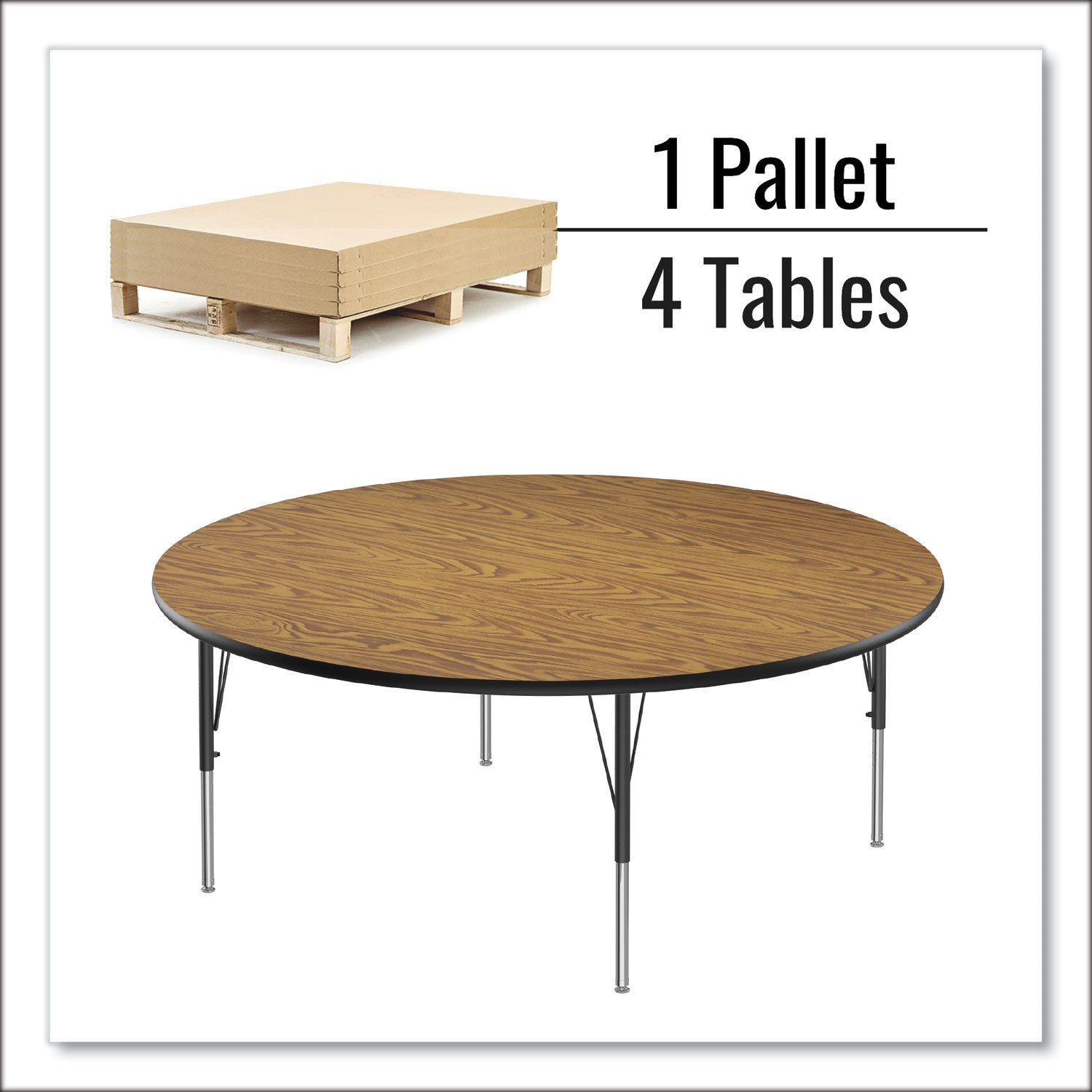 Correll® Height Adjustable Activity Tables, Round, 60" x 19" to 29", Medium Oak Top, Black Legs, 4/Pallet