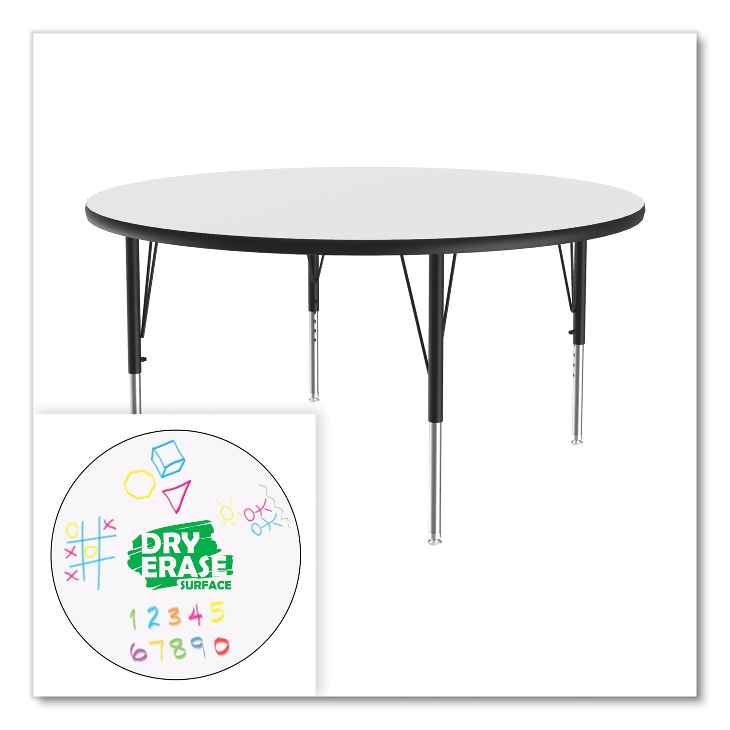 Correll® Dry Erase Markerboard Activity Tables, Round, 42" x 19" to 29", White Top, Black Legs, 4/Pallet