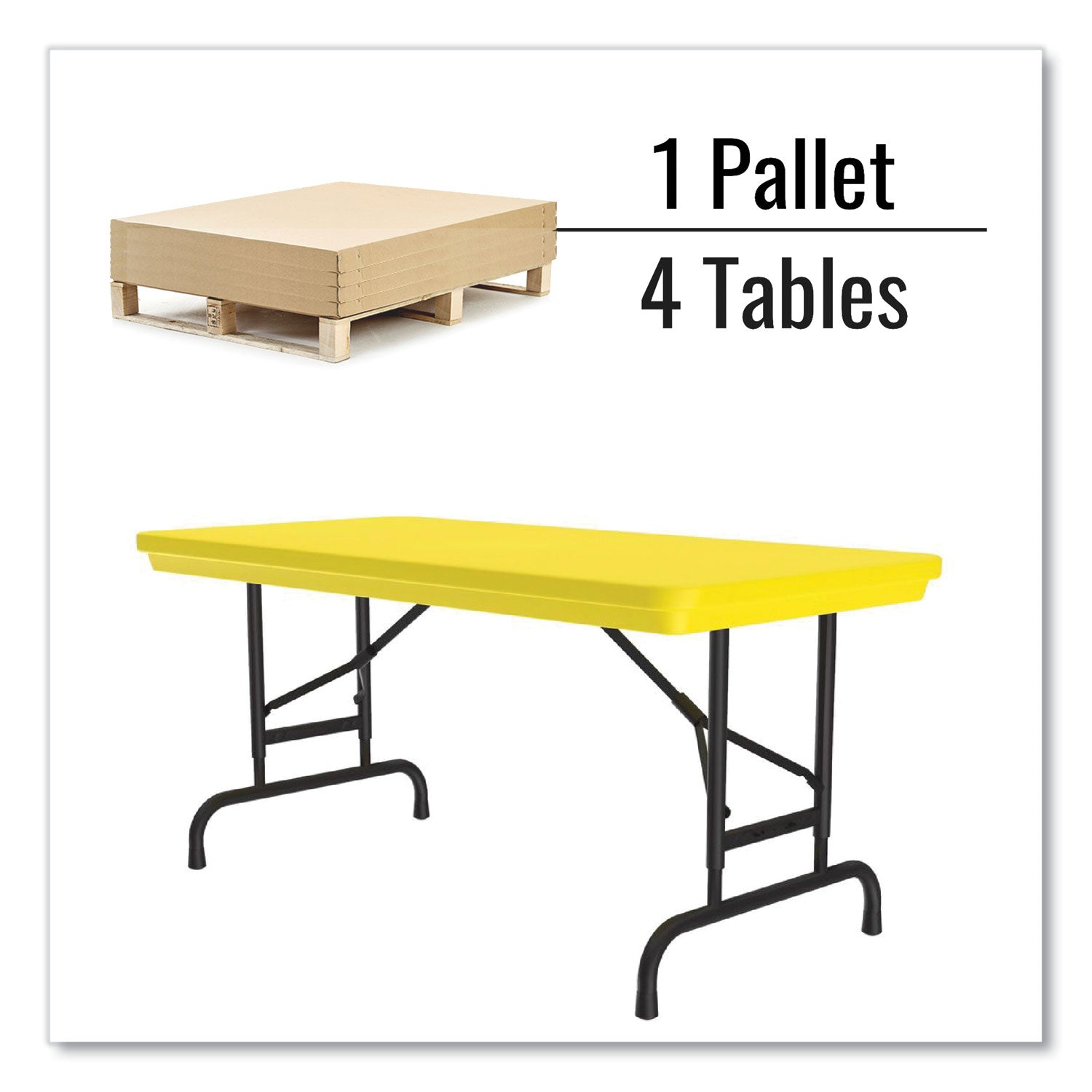 Correll® Adjustable Folding Table, Rectangular, 48" x 24" x 22" to 32", Yellow Top, Black Legs, 4/Pallet