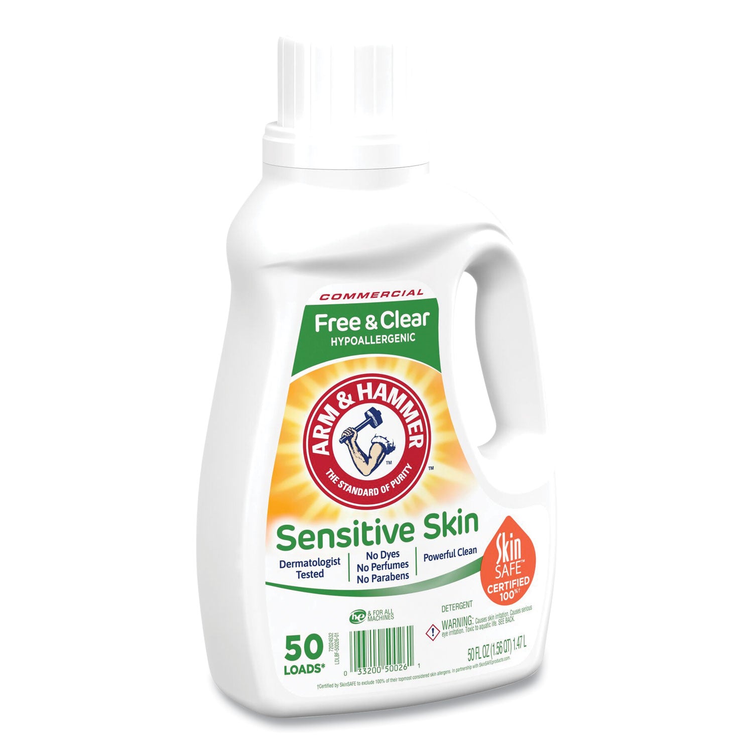 Arm & Hammer™ HE Compatible Liquid Detergent, Unscented, 50 Loads, 50 oz Bottle, 8/Carton