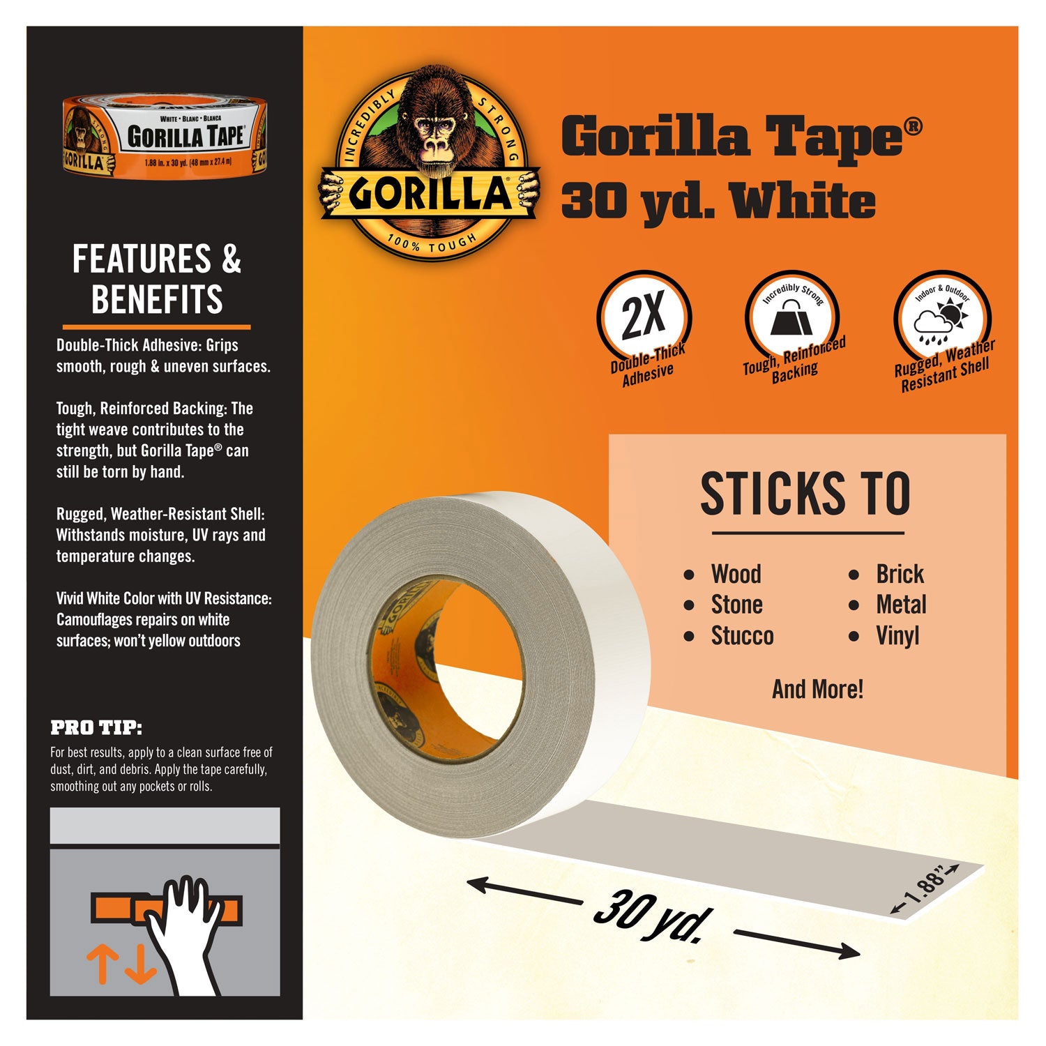 Gorilla® Gorilla Tape, 3" Core, 1.88" x 30 yds, White