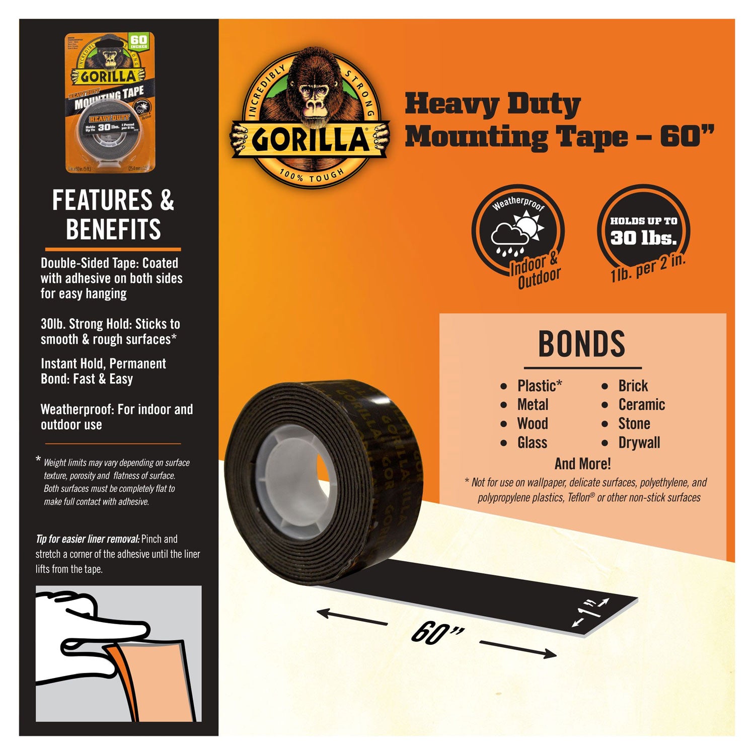 Gorilla® Heavy Duty Mounting Tape, Permanent, Holds Up to 30 lbs, 1" x 60", Black