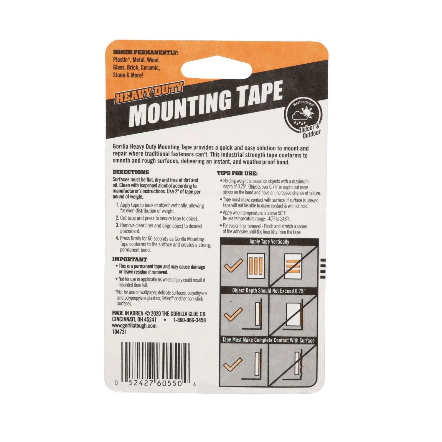 Gorilla® Heavy Duty Mounting Tape, Permanent, Holds Up to 30 lbs, 1" x 60", Black