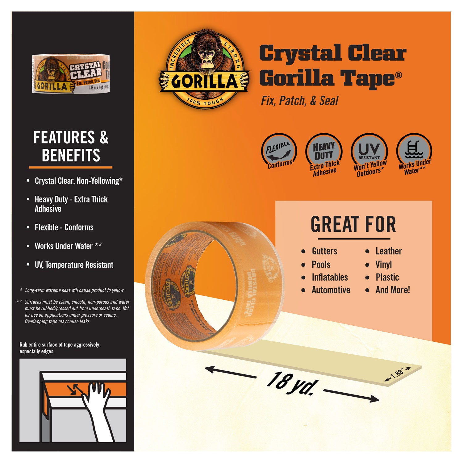 Gorilla® Crystal Clear Tape, 3" Core, 1.88" x 18 yds