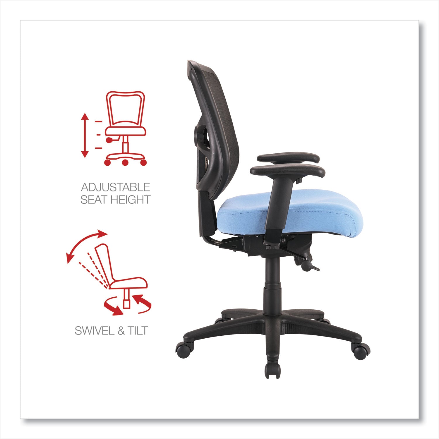 Alera® Alera Elusion Series Mesh Mid-Back Swivel/Tilt Chair, Supports Up to 275 lb, 17.9" to 21.8" Seat Height, Light Blue Seat