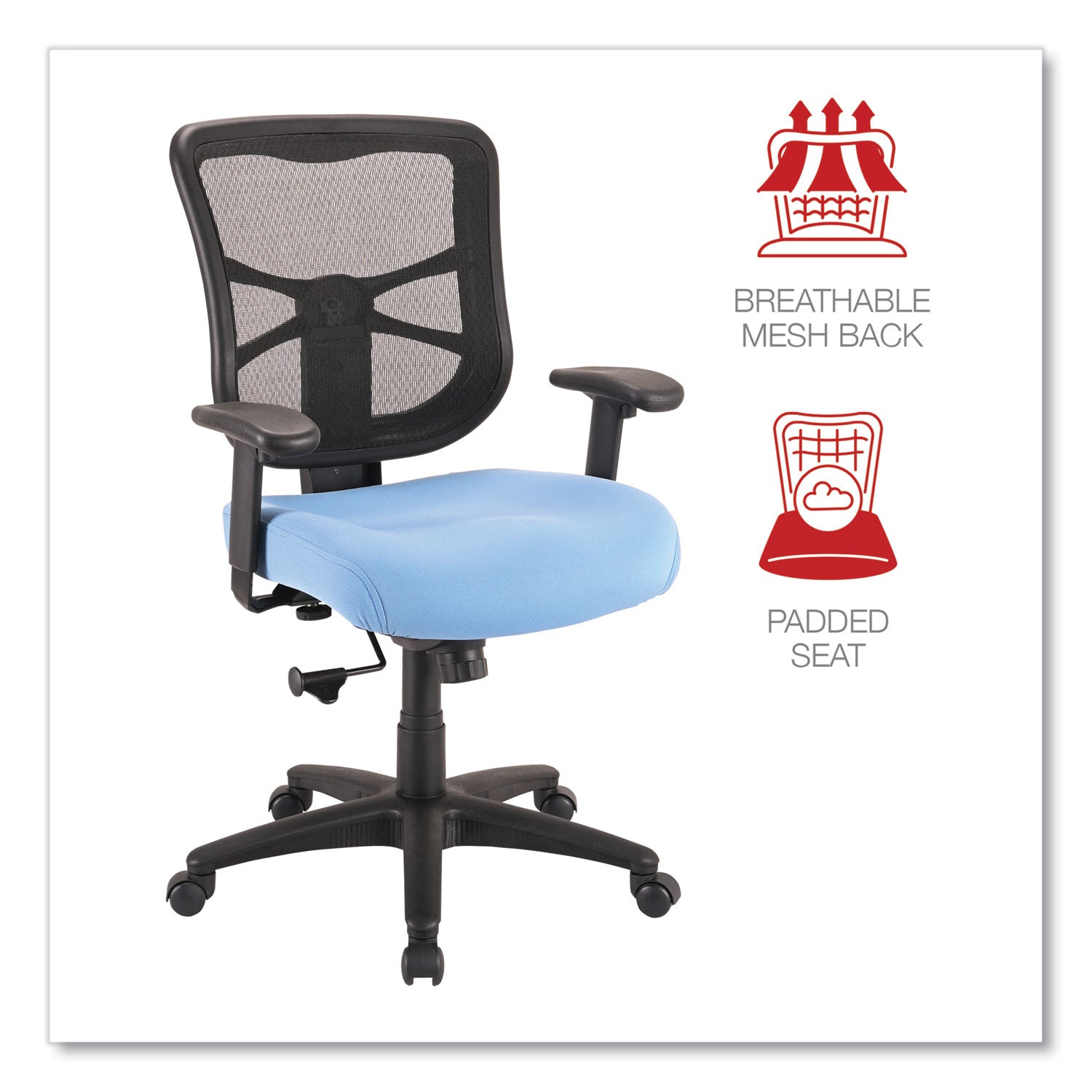 Alera® Alera Elusion Series Mesh Mid-Back Swivel/Tilt Chair, Supports Up to 275 lb, 17.9" to 21.8" Seat Height, Light Blue Seat