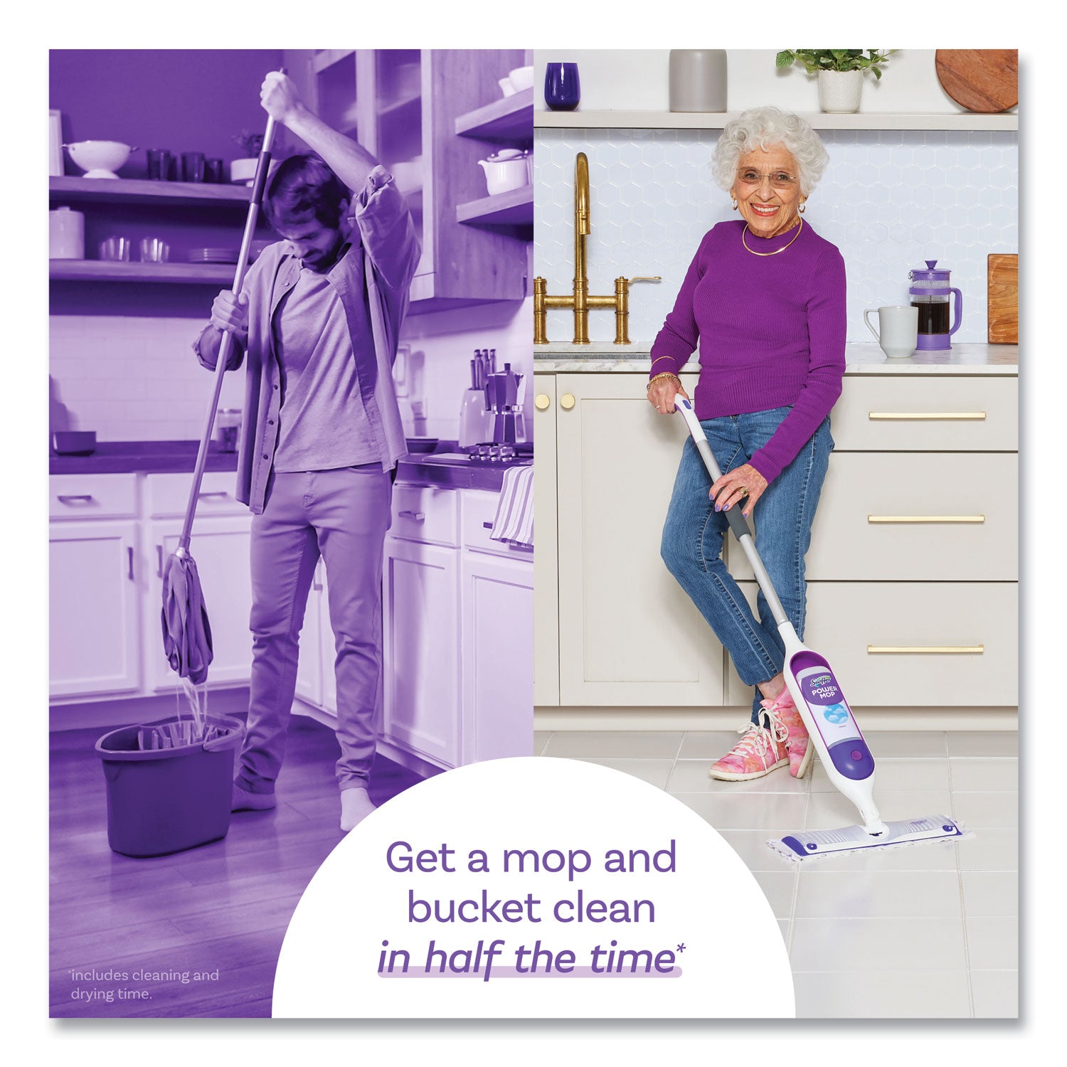 Swiffer® PowerMop Starter Kit, 15.4 x 5.3 White/Purple Cloth Head, 26" Silver Aluminum Handle