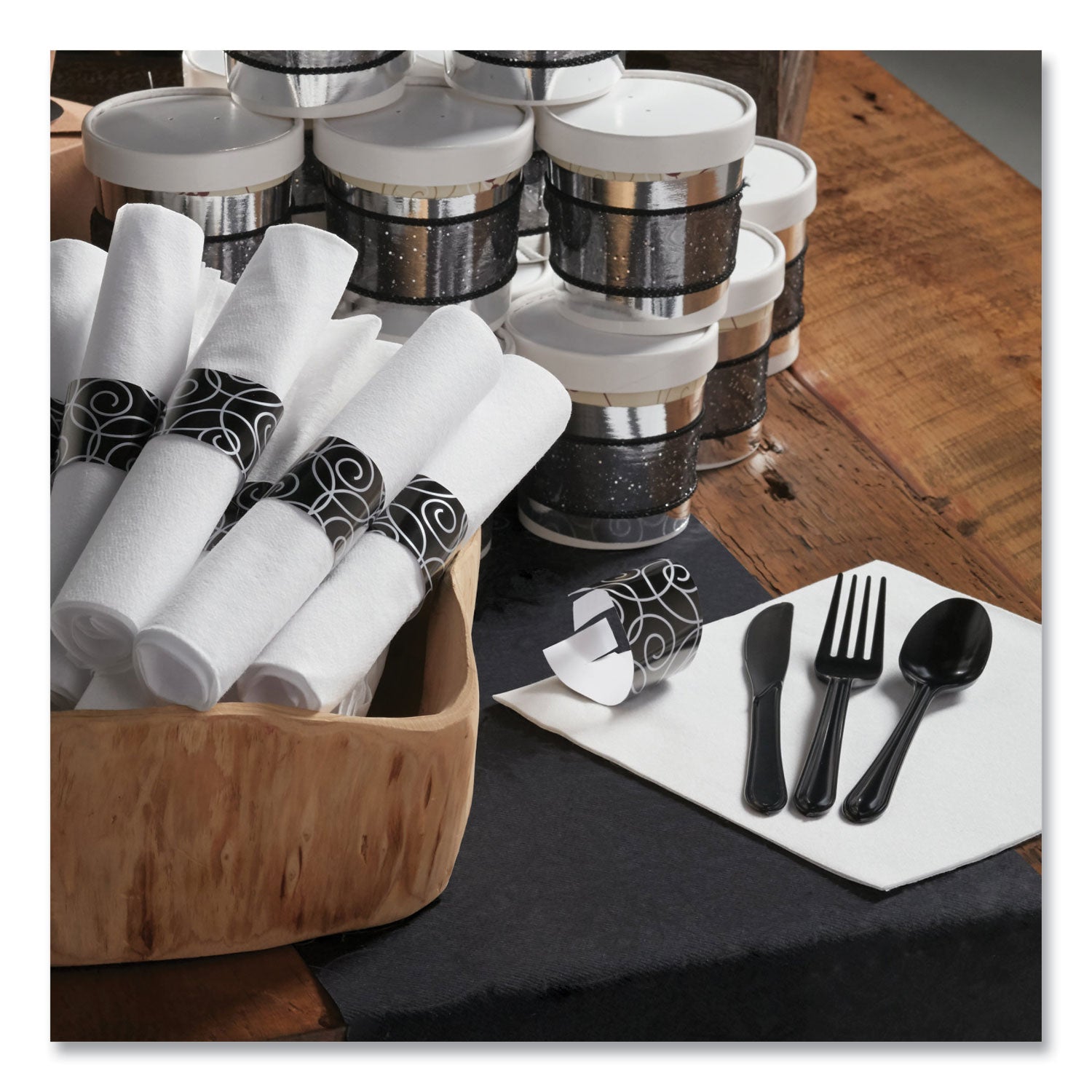 Hoffmaster® CaterWrap Heavyweight Cutlery Combo, Fork/Spoon/Knife/Napkin, Black, 100/Carton