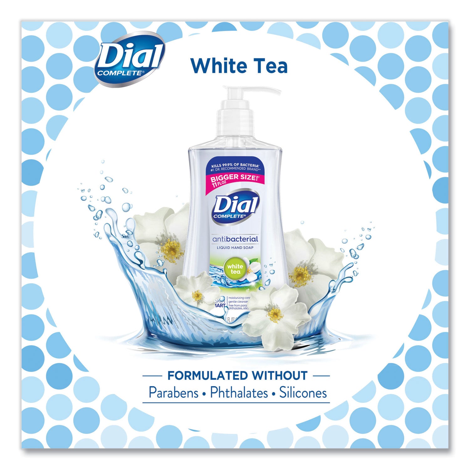 Dial® Antibacterial Liquid Hand Soap, White Tea Scent, 11 oz Pump Bottle, 12/Carton