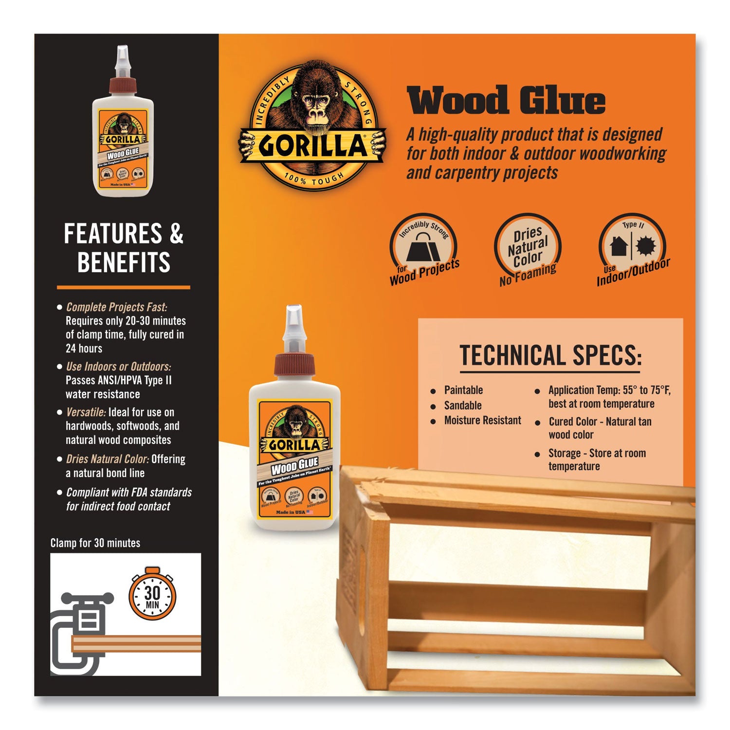 Gorilla® Wood Glue, 4 oz, Dries Light Tan