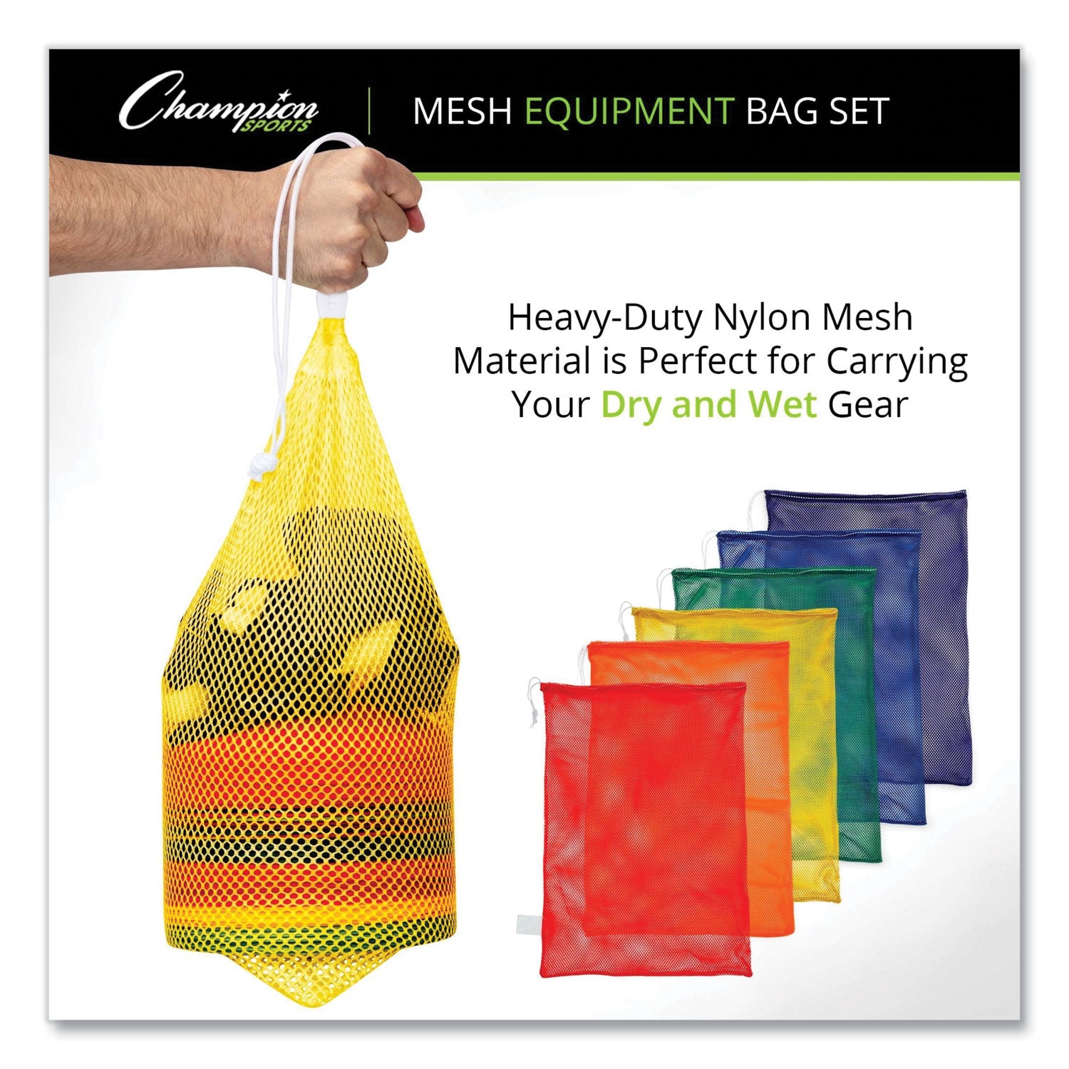 Champion Sports Heavy-Duty Mesh Bag, 12" x 18", Gold, Green, Orange, Purple, Royal Blue, Scarlet Red, 6/Set