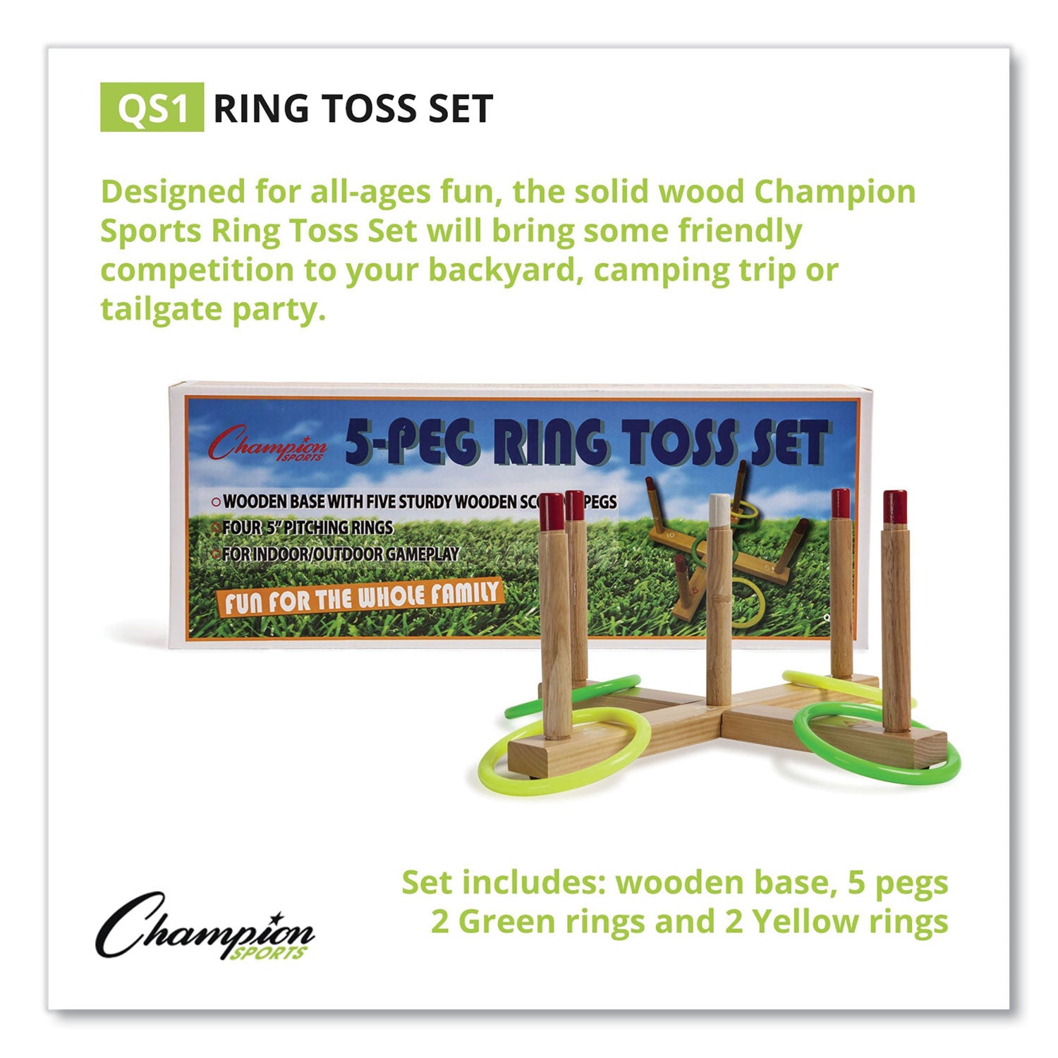 Champion Sports Ring Toss Set, Plastic/Wood, Assorted Colors, 5 Pegs, 4 Rings