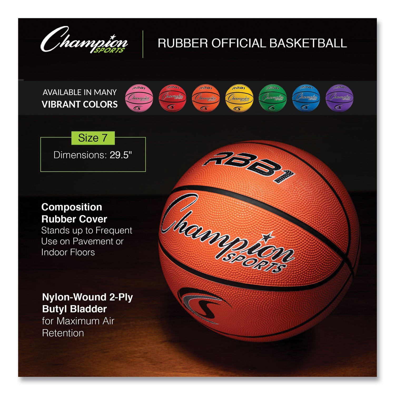 Champion Sports Rubber Sports Ball, For Basketball, No. 7 Size, Official Size, Orange