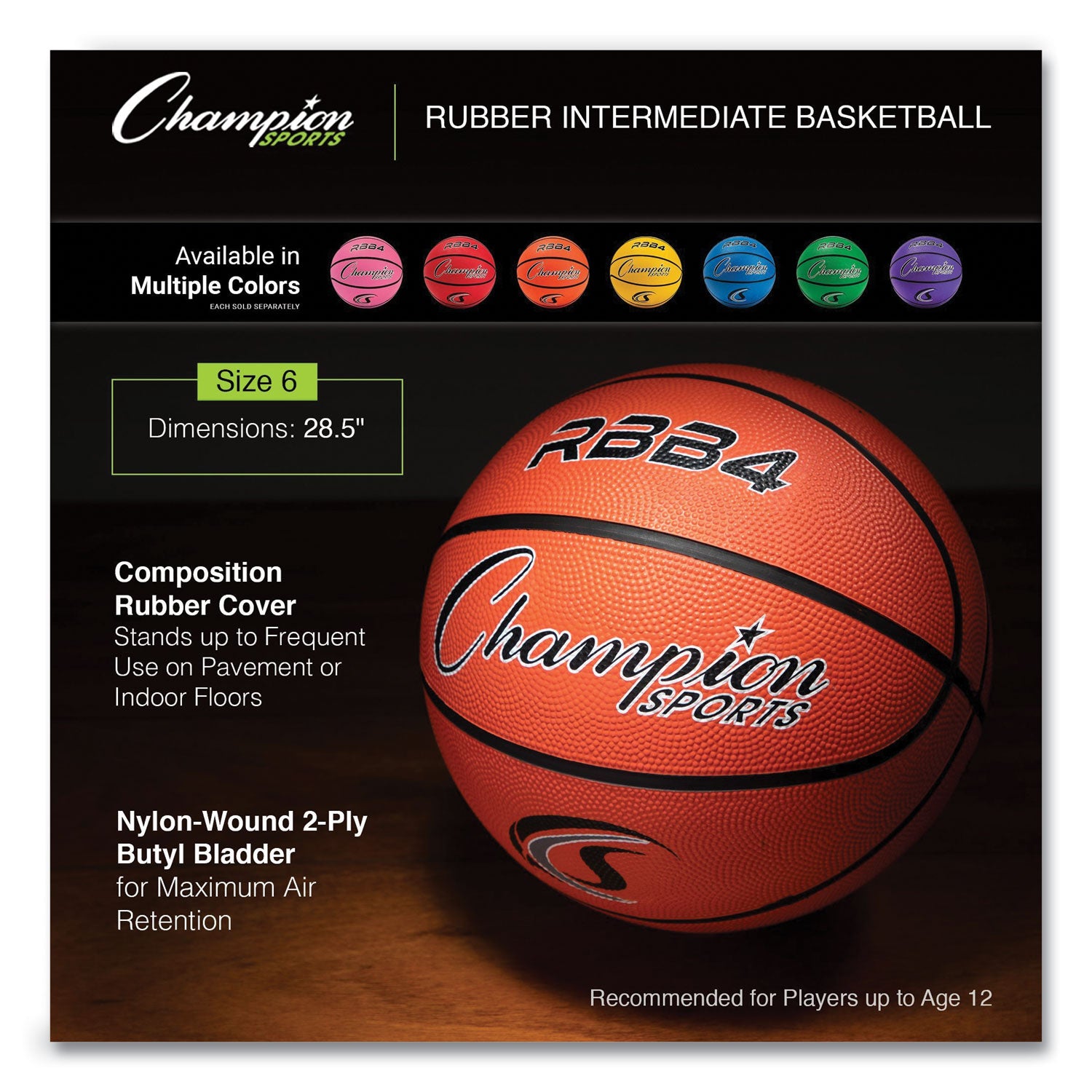 Champion Sports Rubber Sports Ball, For Basketball, No. 6, Intermediate Size, Orange