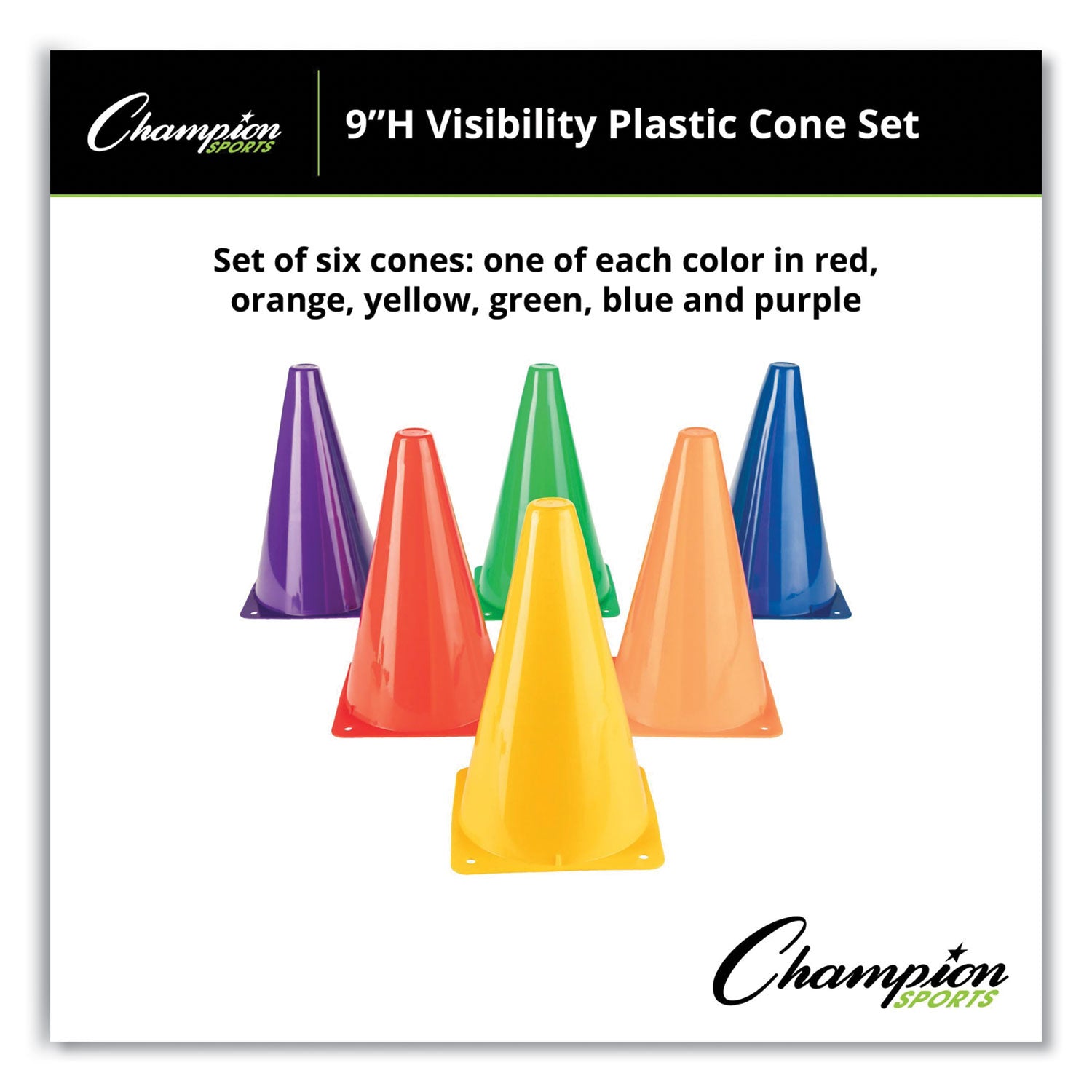 Champion Sports High-Visibility Plastic Cones, 9" Tall, Assorted Colors, 5" x 5" Base, 6/Set