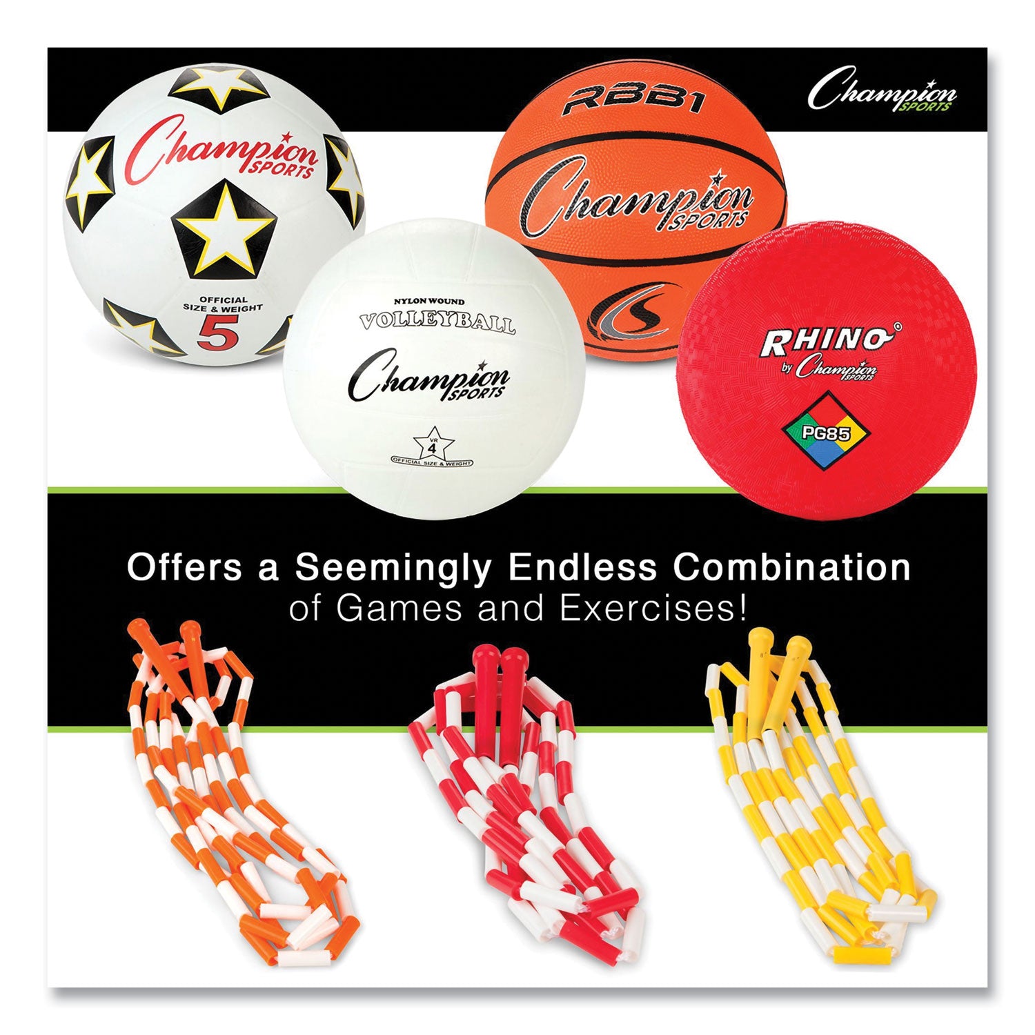 Champion Sports Physical Education Kit with 7 Balls, 14 Jump Ropes, Assorted Colors