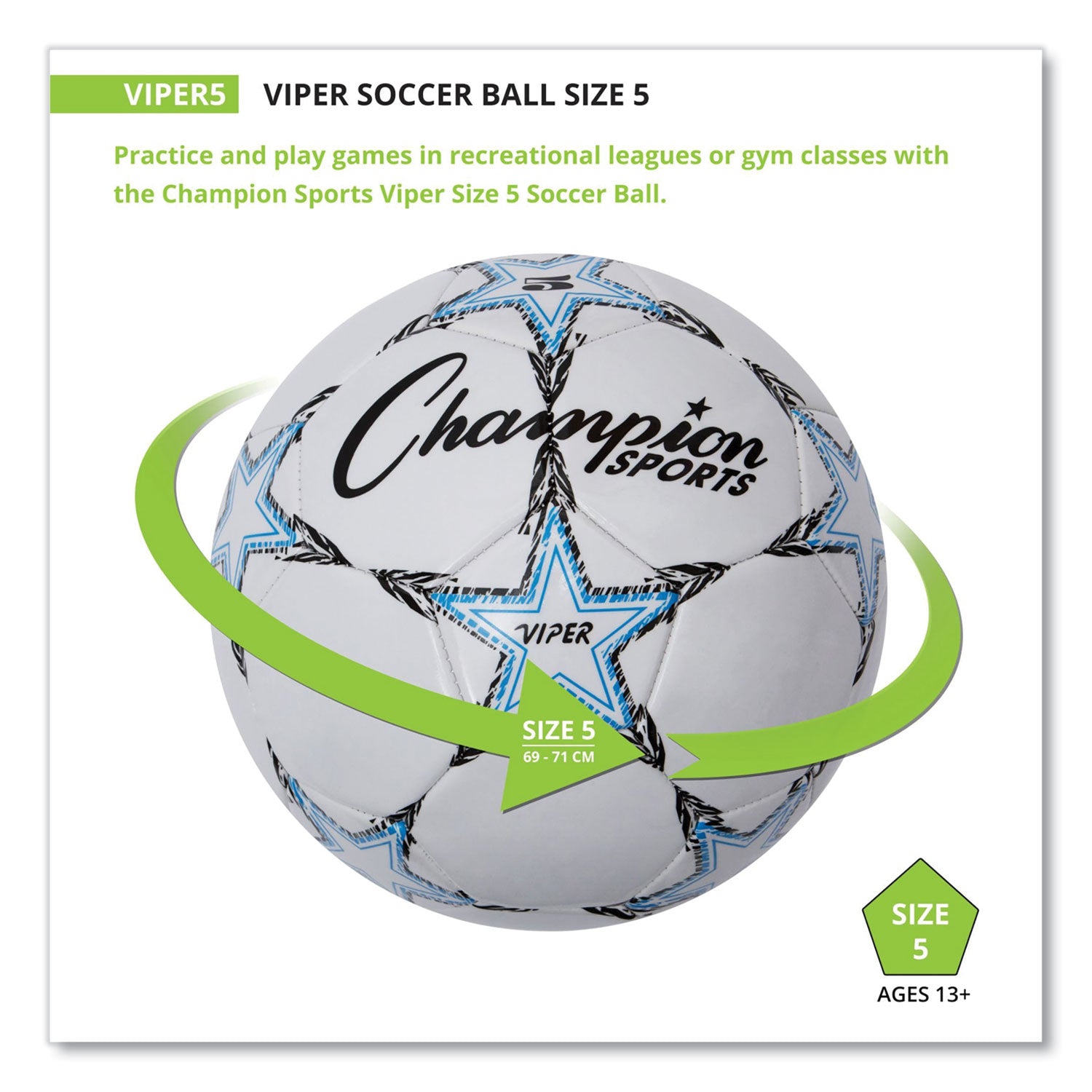 Champion Sports VIPER Soccer Ball, No. 5. Size, 8.5" to 9" Diameter, White